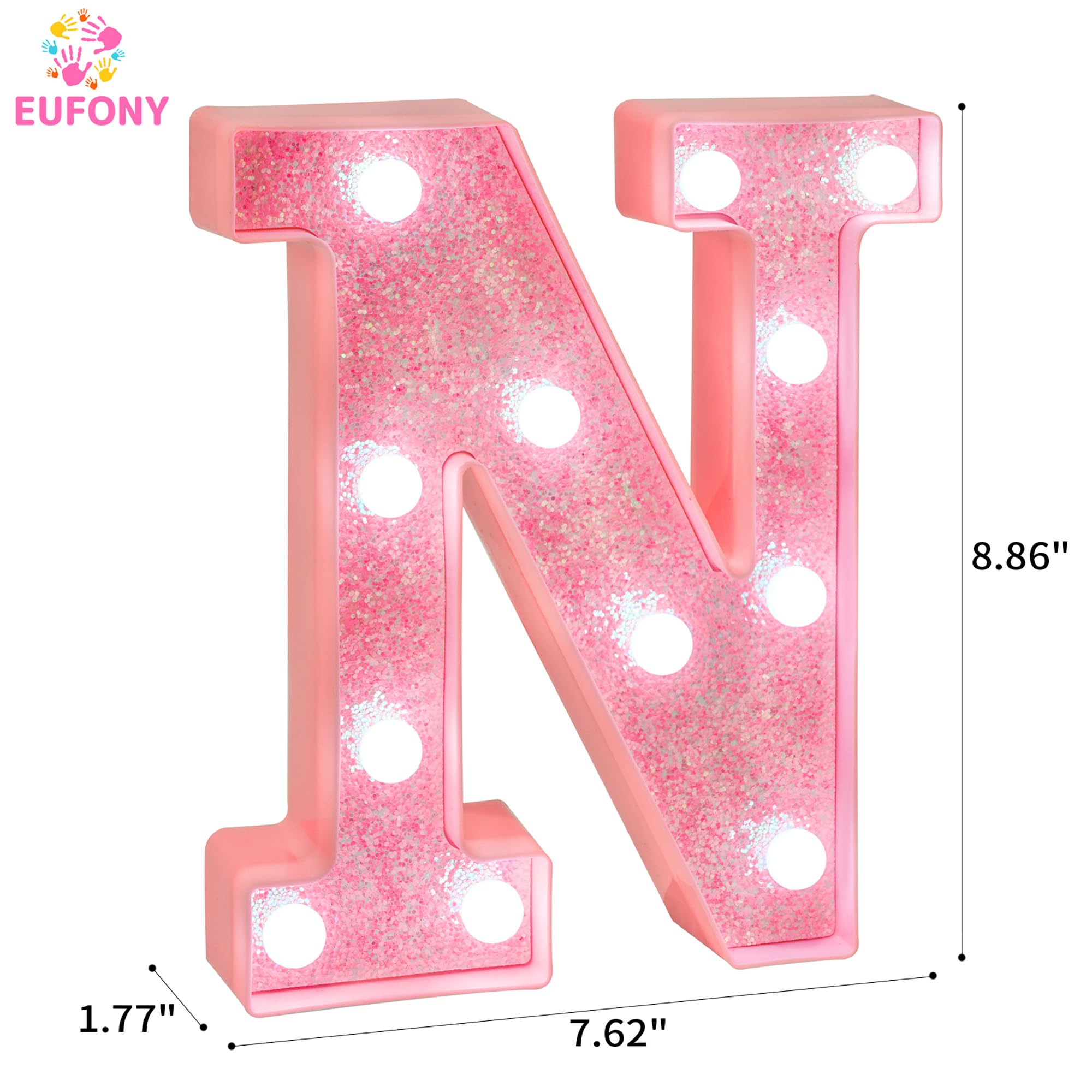 EUFONY Pink Glitter LED Marquee Light Up Letter N with Cool White Lights, Battery-Powered Alphabet Letter Sign for Girls Gift, B