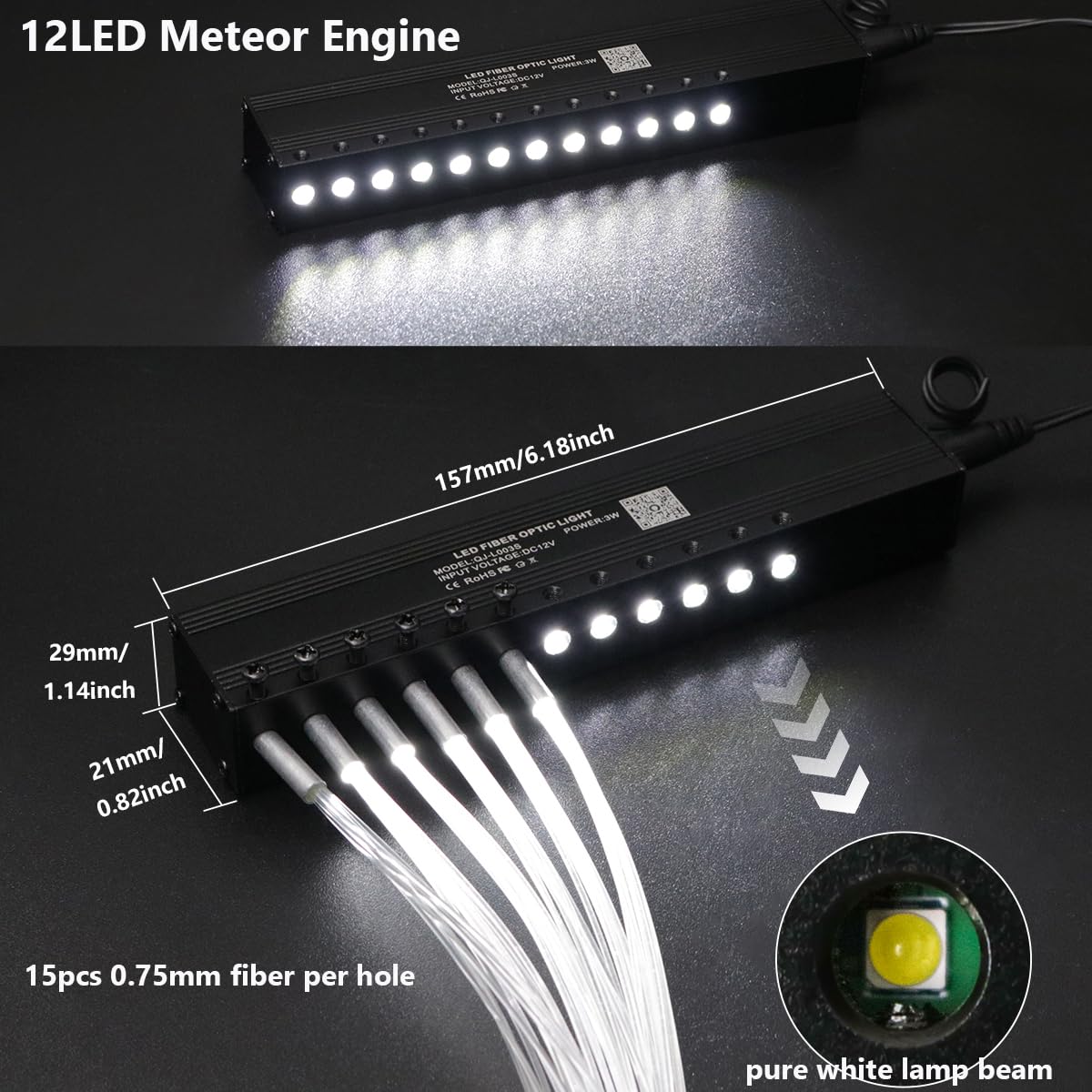 AZIMOM Mini 6W Fiber Optic Starlight Headliner + 180pcs Meteor Shooting Star, 9.8ft, Black, Model QJ-L006