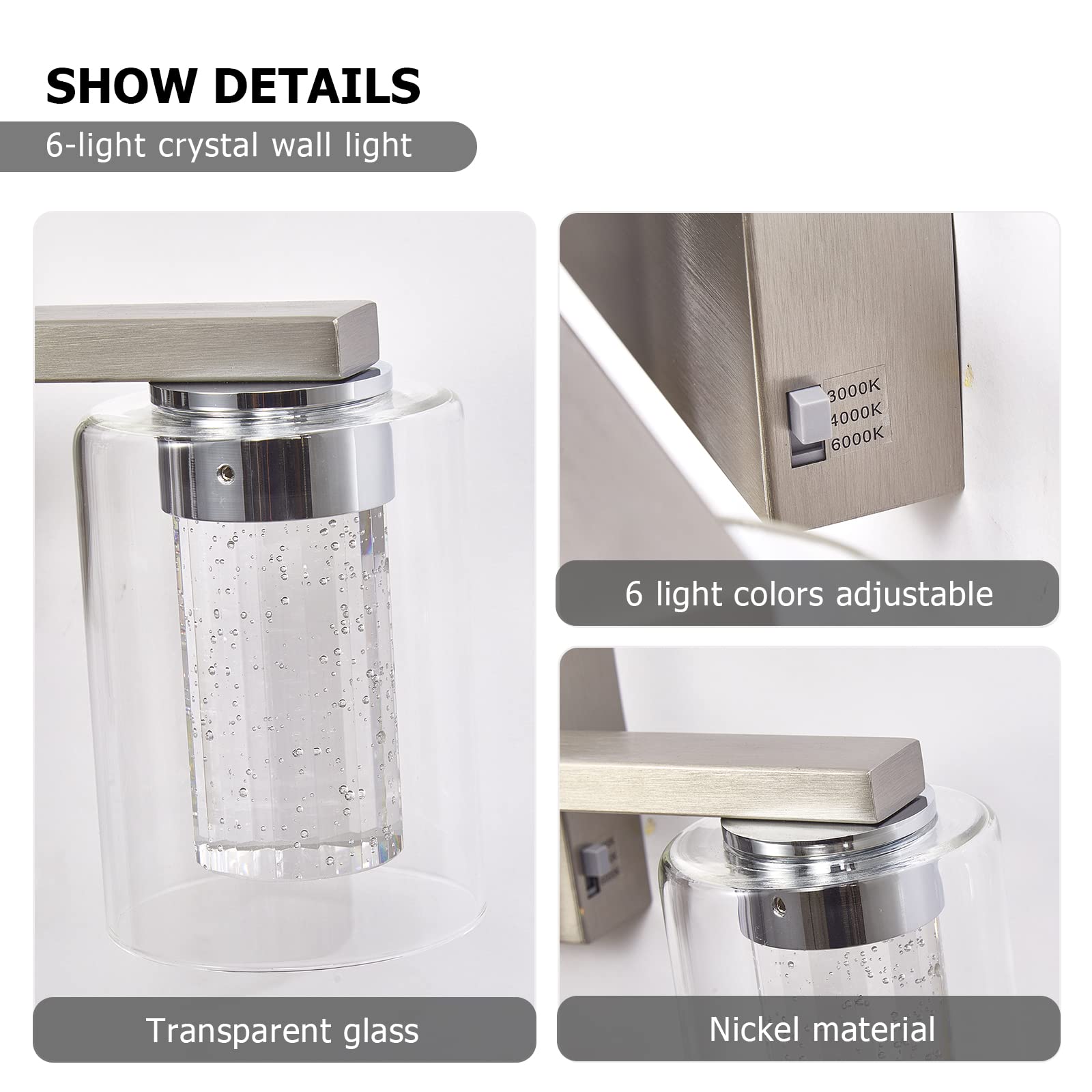 SADENICEL 6-Light LED Vanity Light Fixtures, Brushed Nickel, Metal, Model YC-B90-042-20-SB, for Bathroom, Bedroom, Living Room