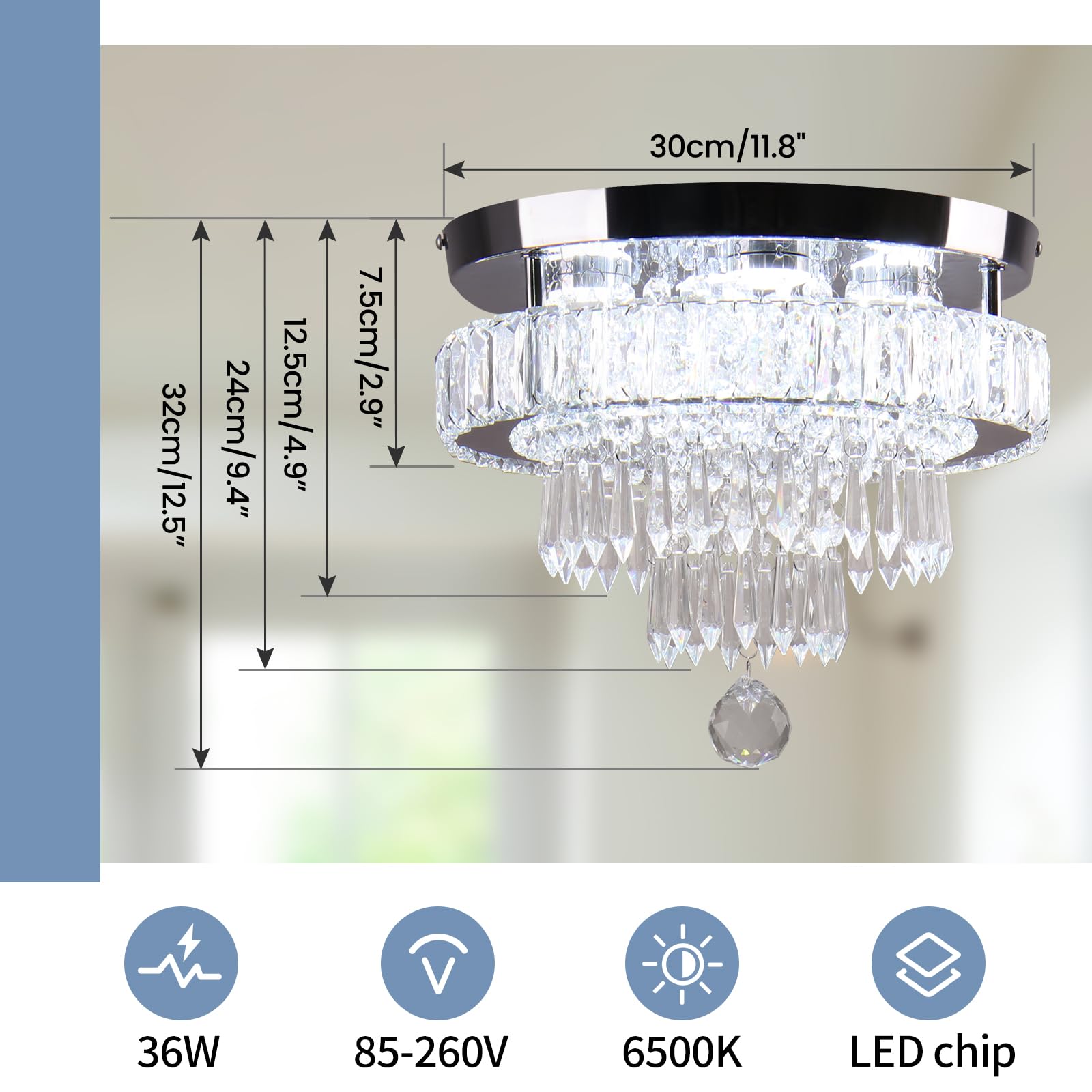 Modern Crystal Ceiling Chandeliers Dimmable Led Crystal Ceiling Light Fixtures 9.8 Inch Stainless Steel Flush Mount Ceiling Lamp