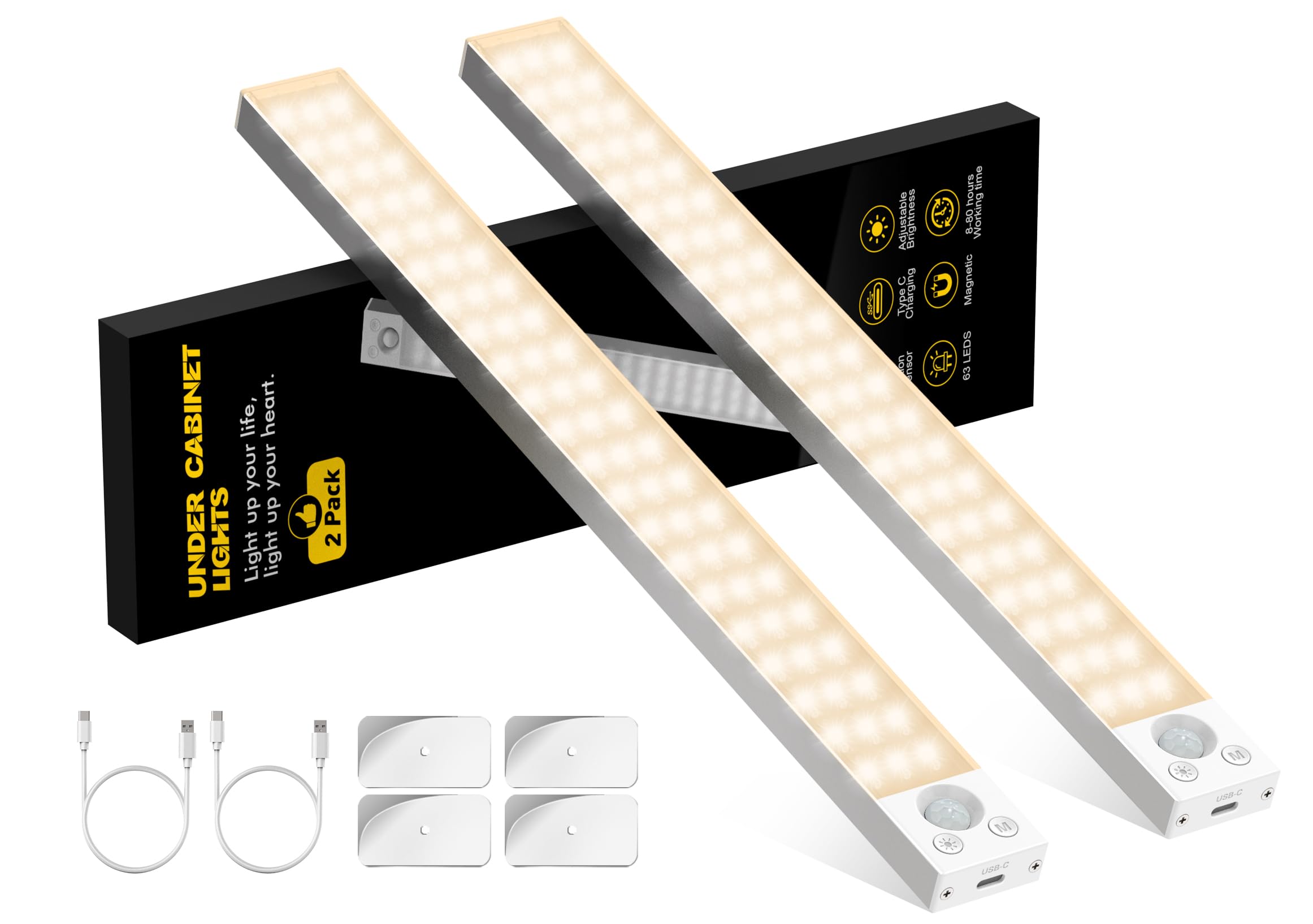 Under Cabinet Lights 14.5 Inch,Under Cabinet Lighting 63LEDS 2500mAh,Motion Sensor Light Indoor Rechargeable Battery Operated,Di