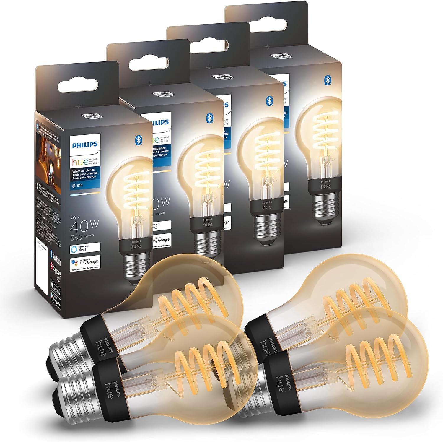 Philips Hue White Ambiance LED Vintage Edison Bulb, Dimmable, 4-Pack, Bluetooth & Hub Compatible, Model R4563577