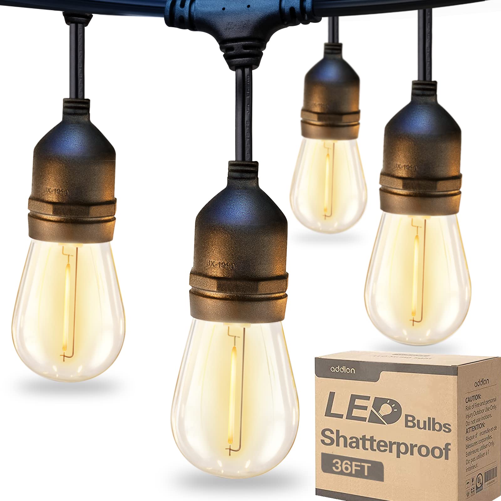addlon LED Outdoor String Lights 36FT with Dimmable Edison Vintage Shatterproof Bulbs and Commercial Grade Weatherproof Strand -
