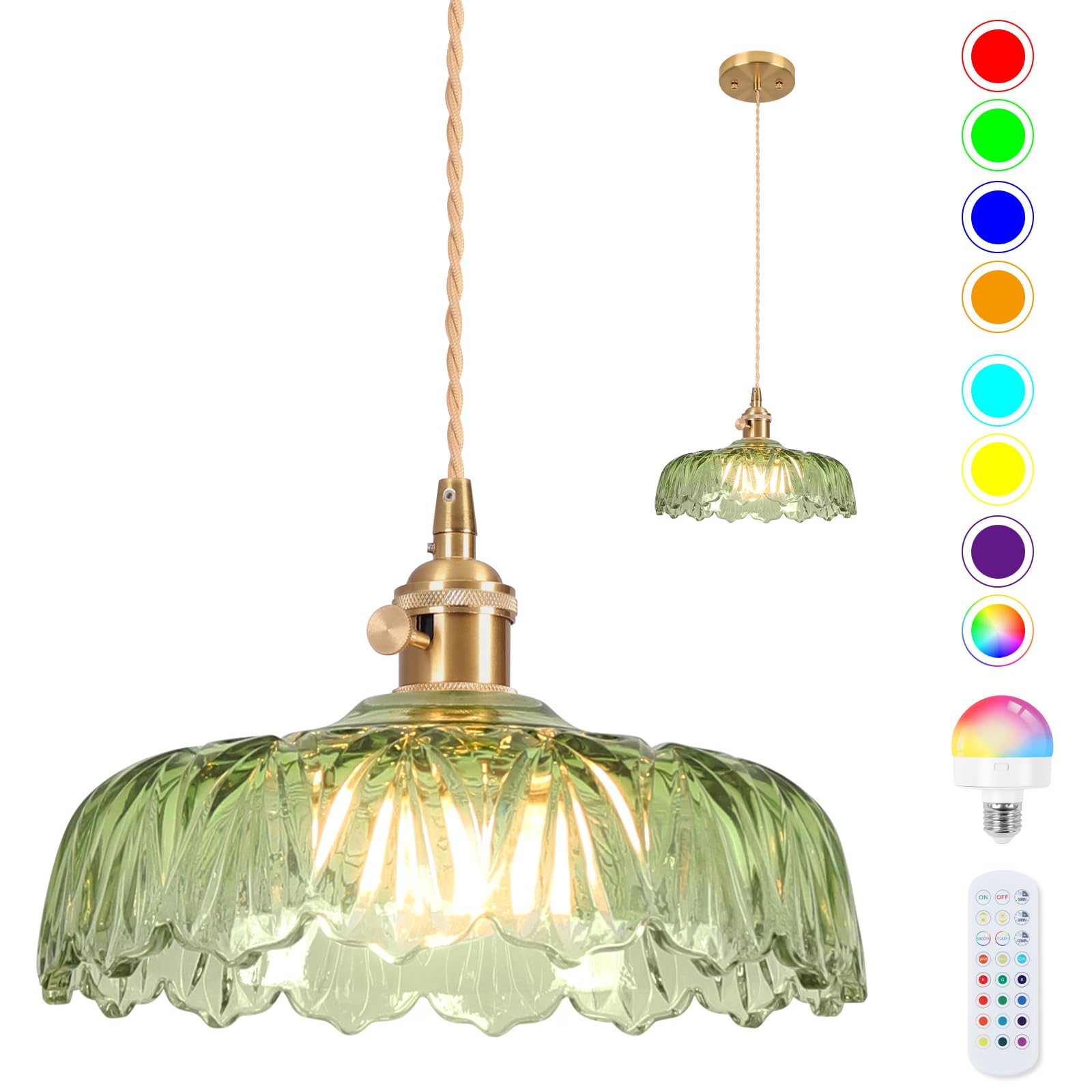 Loiogohot Battery Operated Pendant Light, Vintage RGB Chandelier 9.4in, Glass, Scindapsus Green, Model PL-BN1167-CD-GN