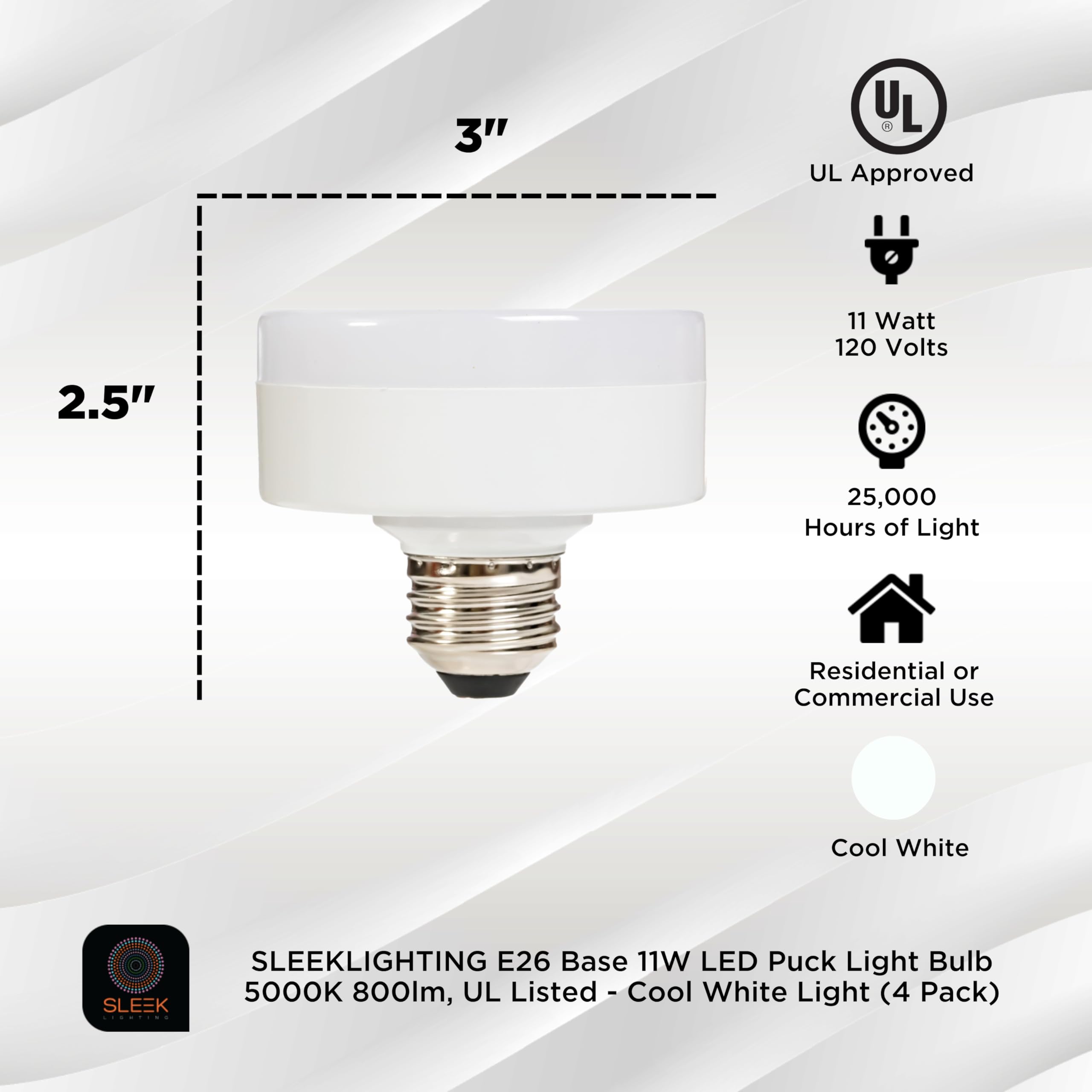 SLEEKLIGHTING E26 11W LED Puck Light Bulb, Dimmable 5000K, 800lm, Glass, UL Listed, Cool Light (4 Pack)
