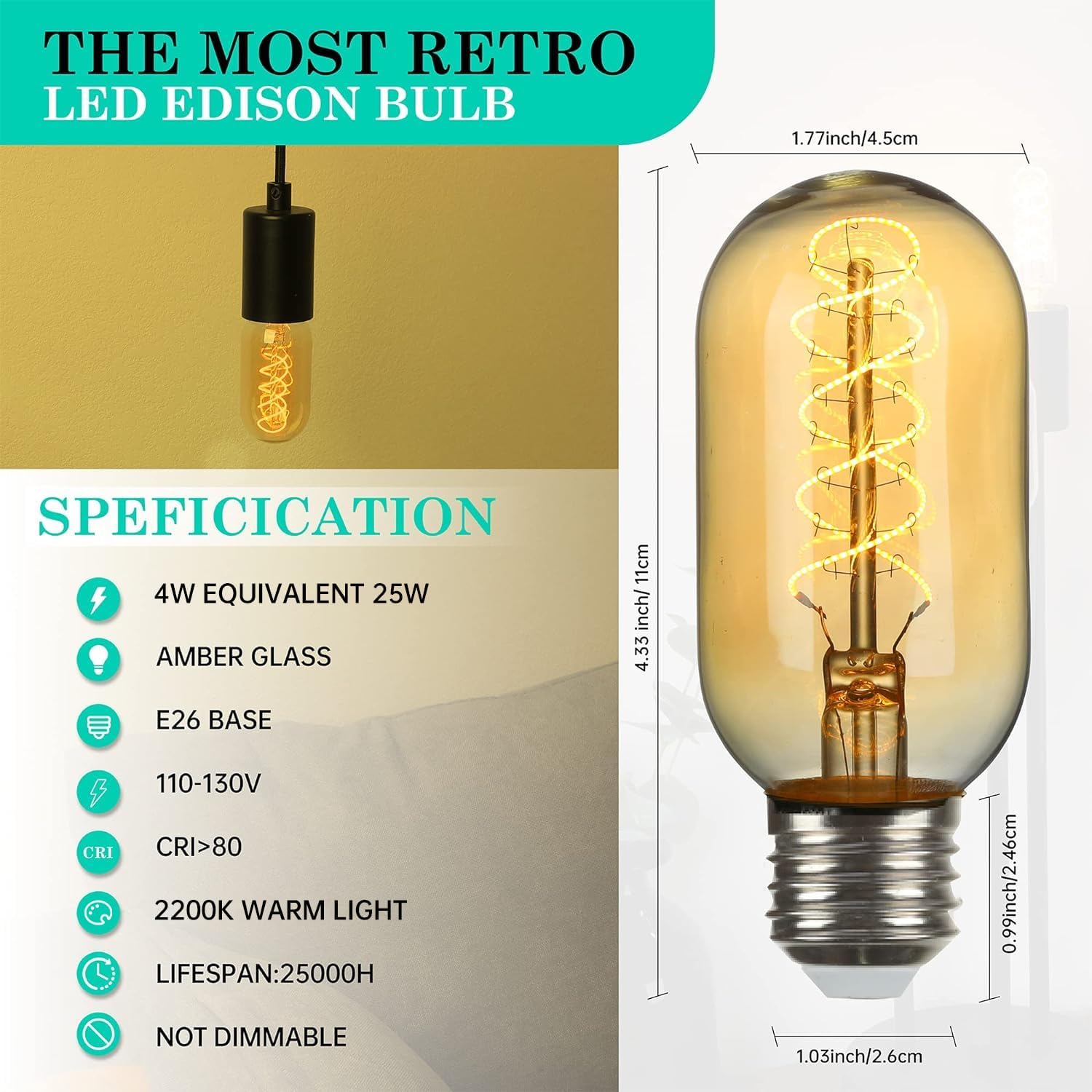 Amdtu Led Edison Vintage Light Bulbs 25 Watt Equivalent 4W E26 Base Amber Warm Yellow Filament Non Dimmable T45 Tubular Bulb Sof