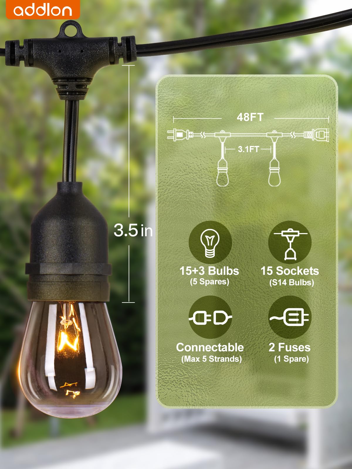 addlon 48FT Outdoor String Lights - 18 Vintage Edison Bulbs, Weatherproof, Black, ETL Listed, Heavy-Duty for Patio Garden Decor