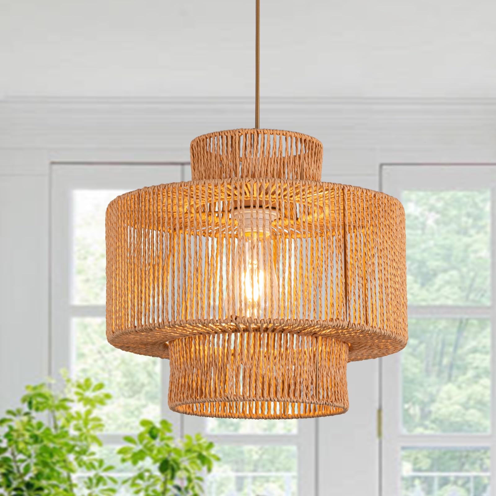 DSLITING Rattan Pendant Light Boho Chandelier for Dinning Room Bohemian Hanging Lights 3-Tier Rattan Chandelier Basket Light Wov