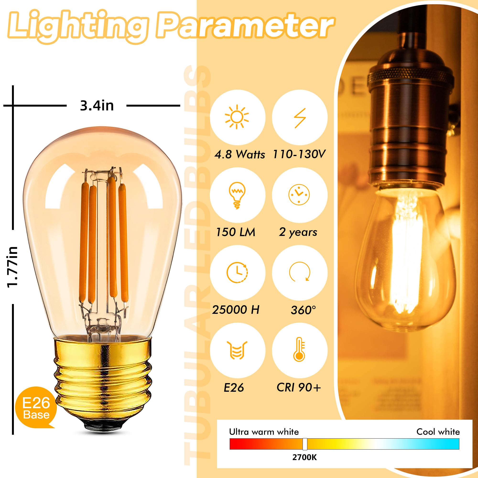 Grensk E26 Amber Led Light Bulbs 40 Watt Equivalent, S14 4.8W Low Watt Light Bulb, 2700K Warm White Retro Filament Edison Warm B