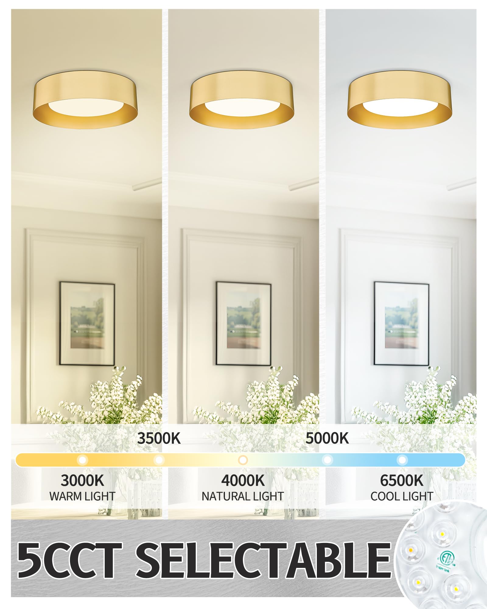 Autelo Led Ceiling Lights, Gold Flush Mount Ceilingg Light, 5Cct Vintage 12'' Ceiling Lights Fixture With Frosted Glass In Gold