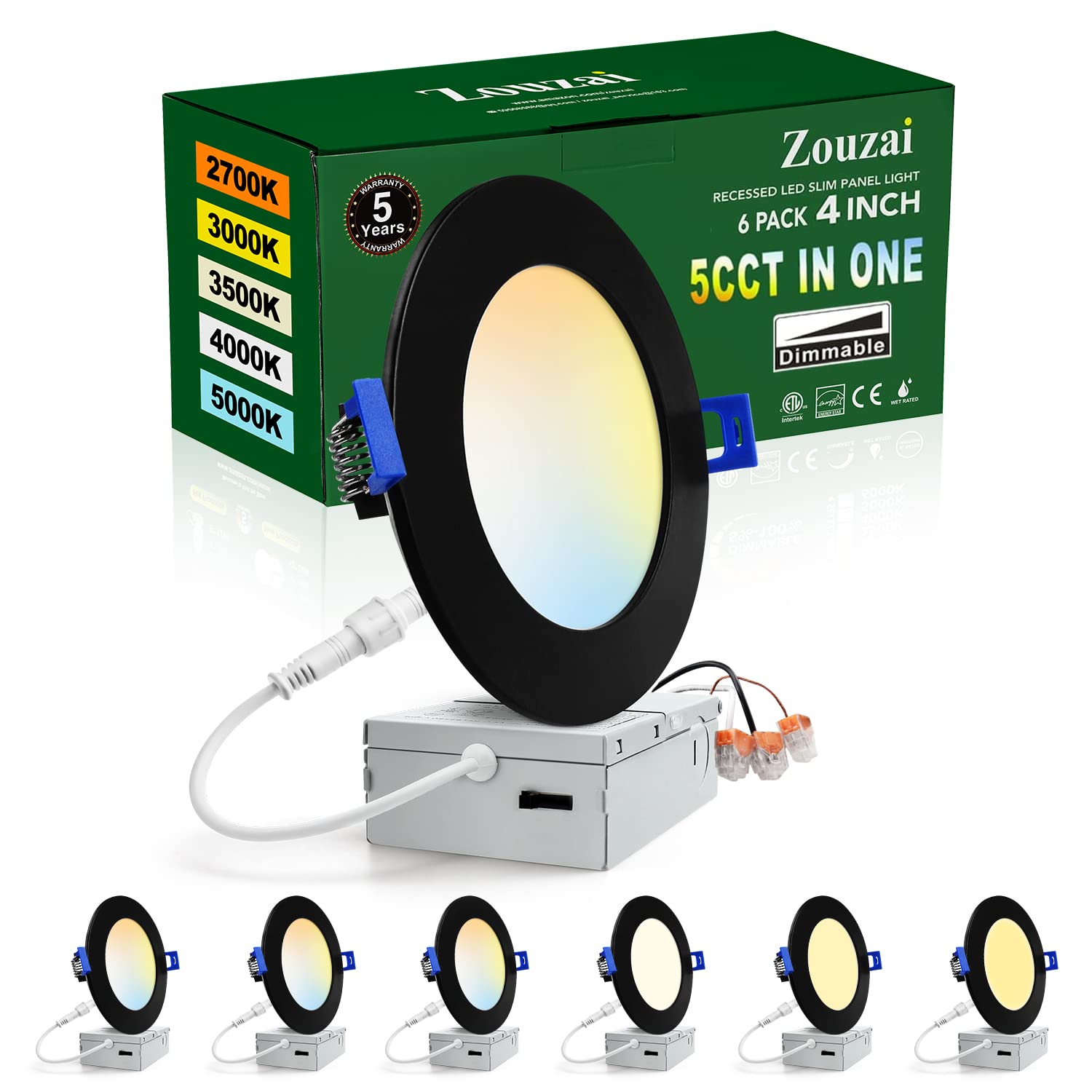 zouzai 6 Pack 4 Inch Black 5CCT Reset Ultra-Thin LED Recessed Ceiling Light with Junction Box, 2700K/3000K/3500K/4000K/5000K Sel