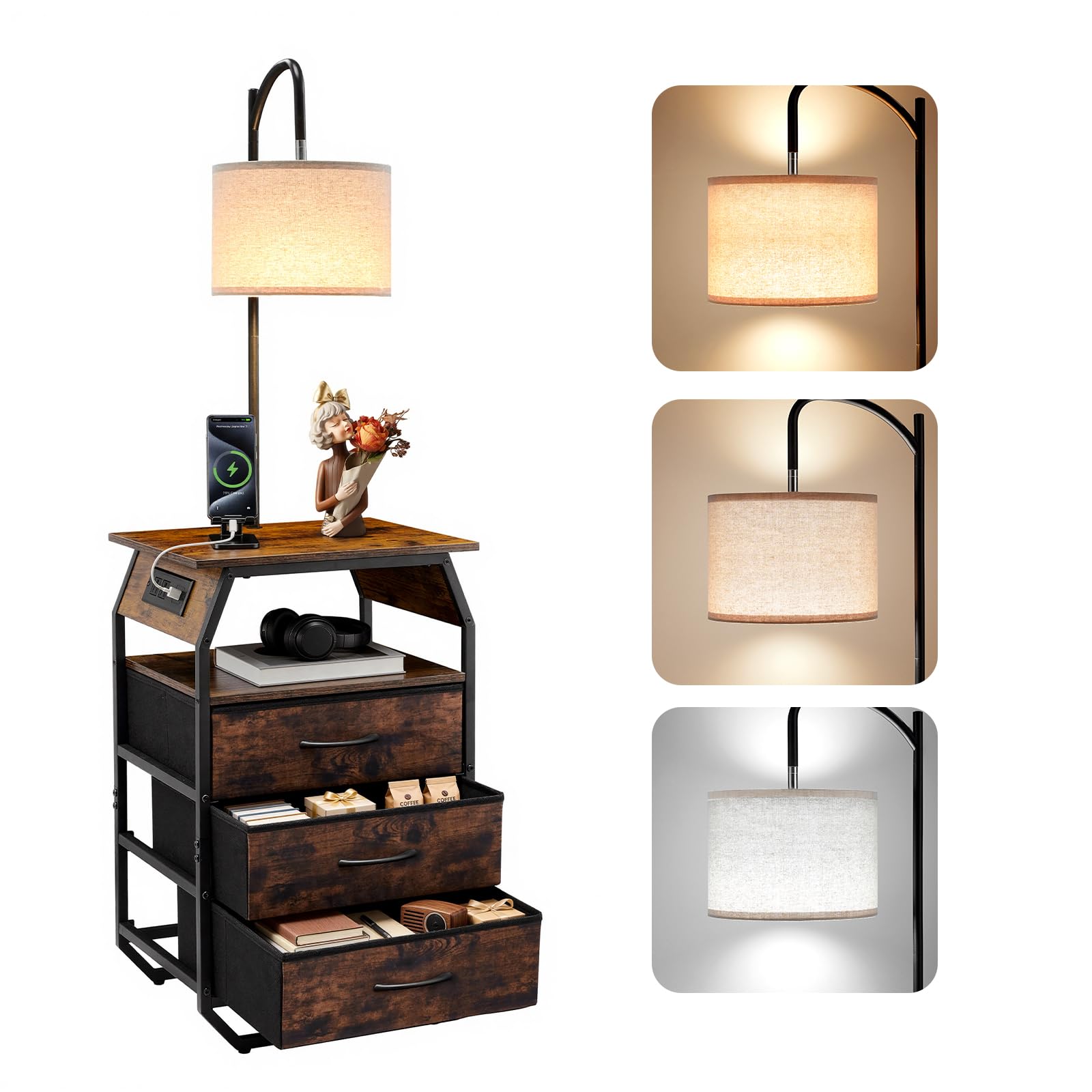 VEVOR Floor Lamp with Table, 2-Tier End Table with 3 Drawers and 3 Color Temperature Lighting, Modern Side Nightstand Bedside De
