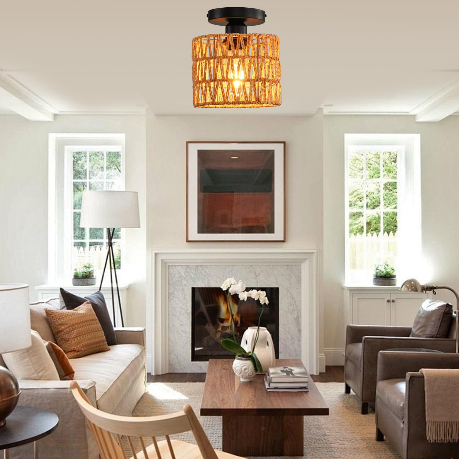 KENMI Ceiling Light Fixture, Hand-Woven Rattan Flush Mount, Brown, 1 Pack, Metal, Model C1