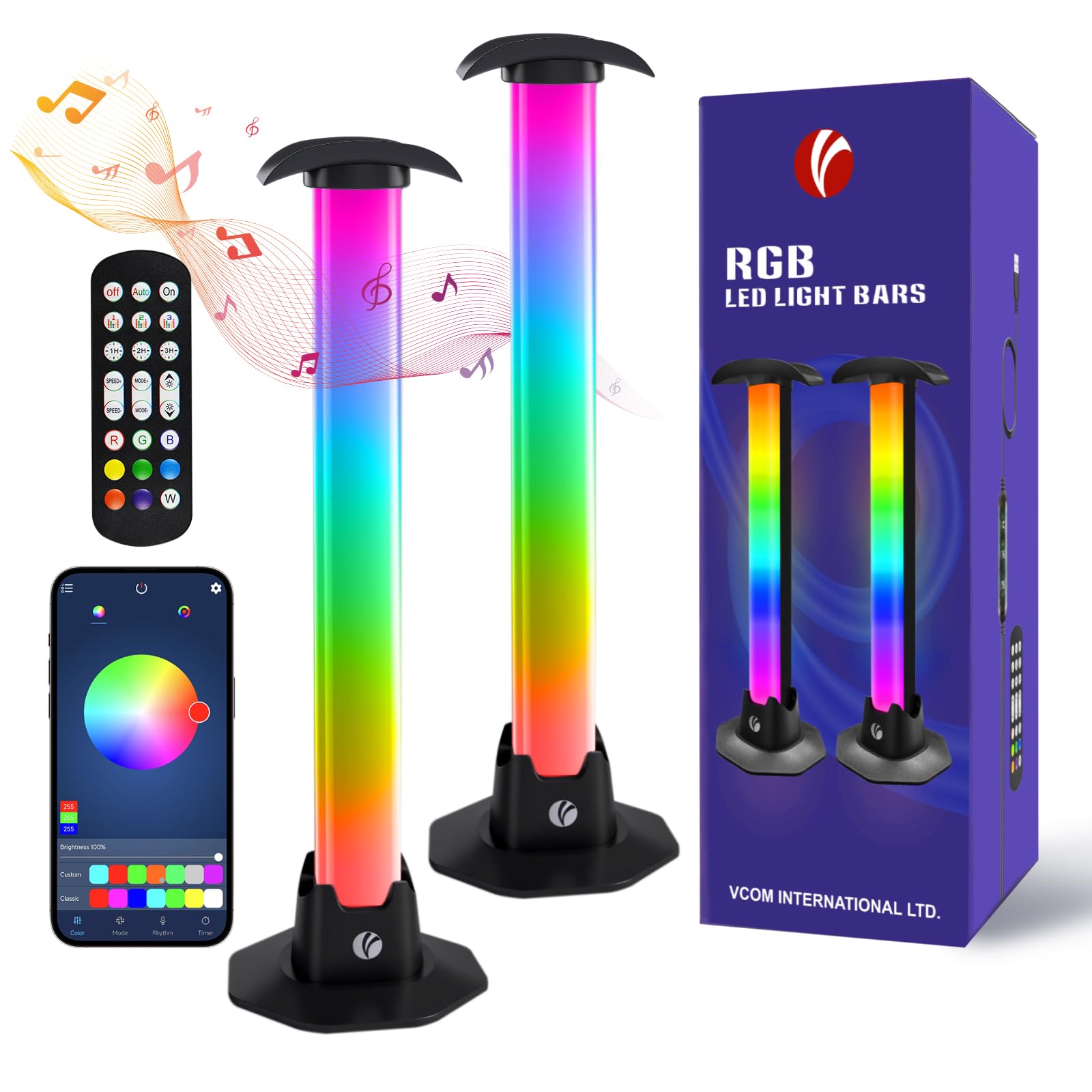 VCOM RGB Light Bar,27.5cm Music Sync RGB IC LED Lights Bars,Color Changing TV Backlight App & Remote Control, USB Powered Ambien