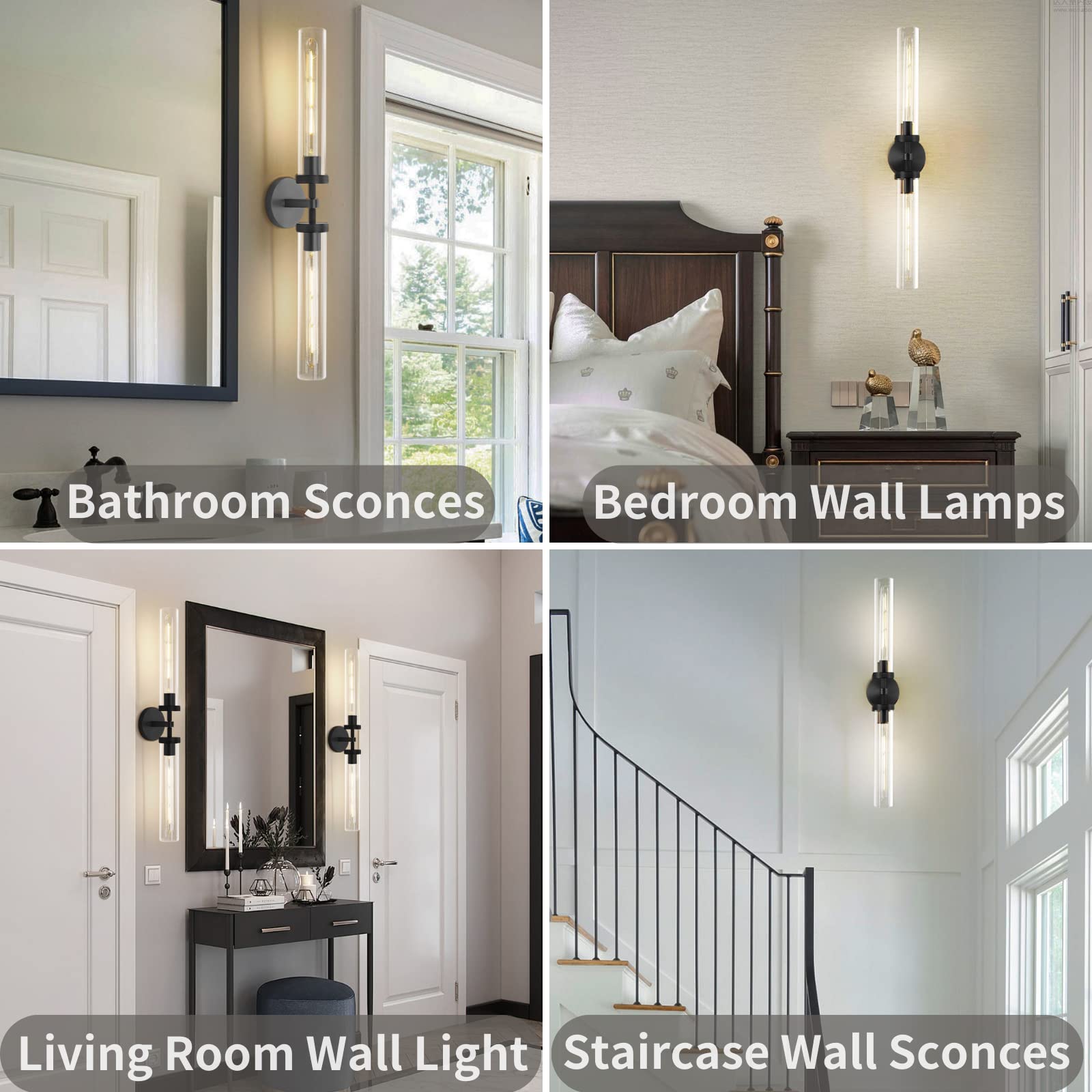 ZHTIECHUI Modern Wall Sconces, 30in Black Brass Double Glass Light Fixtures, 2-Light for Bathroom, Living Room, Kitchen