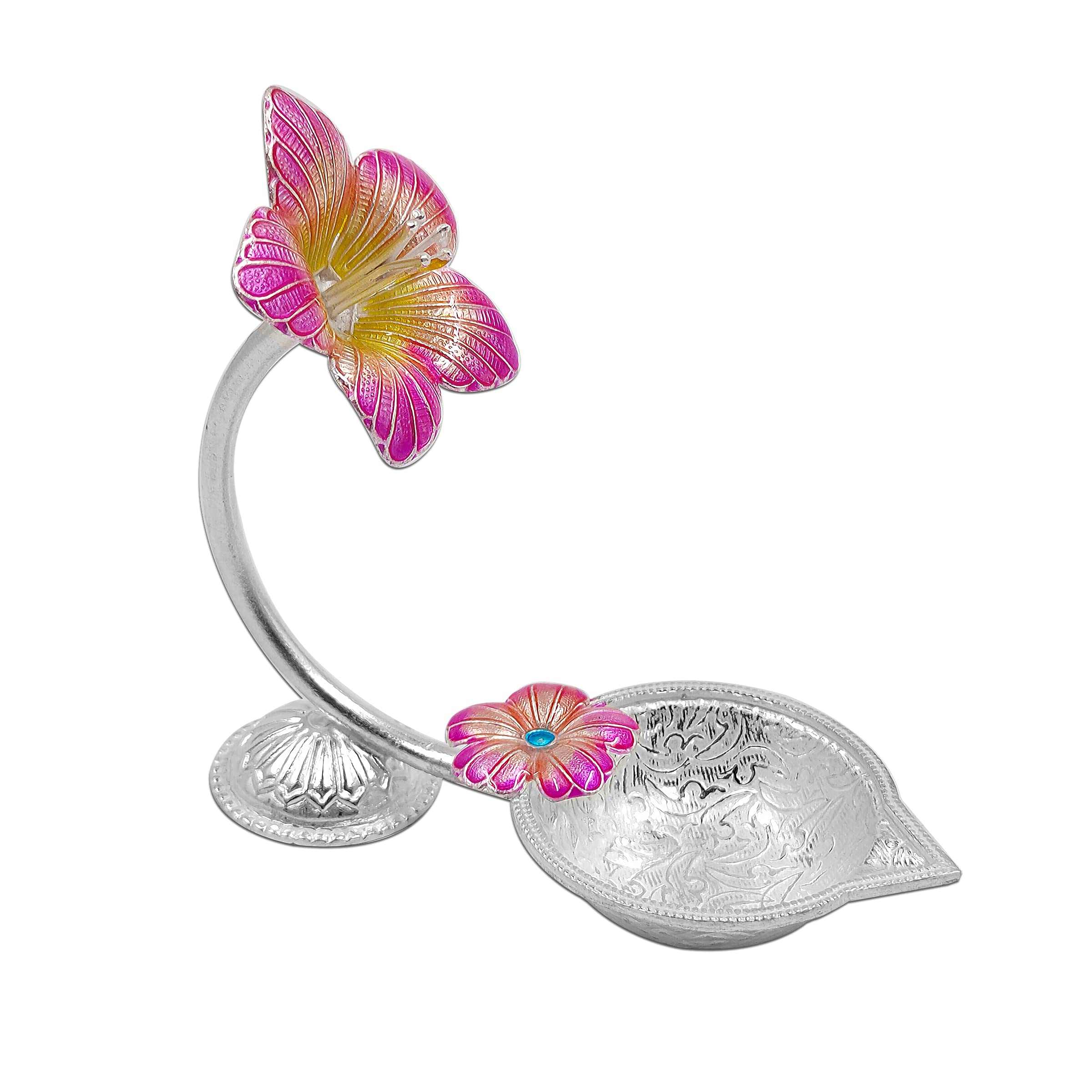 MAA SILVER Pure Silver Diya/Lamp/Deepak with Pink Hibiscus/Jaswanti Flower Design Perfect for Gift and Pooja Use (65 Purity)(27