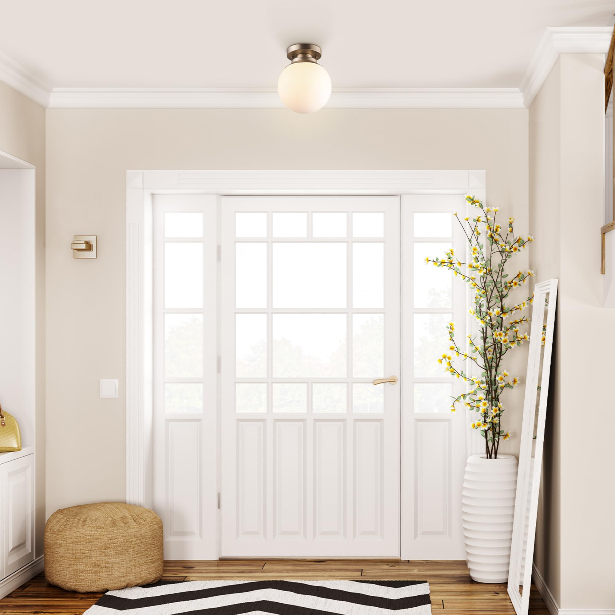 Globe Electric 65792 Portland 1-Light Semi-Flush Mount Ceiling Light, Brass, Satin Finish, Matte Opal White Glass Shade