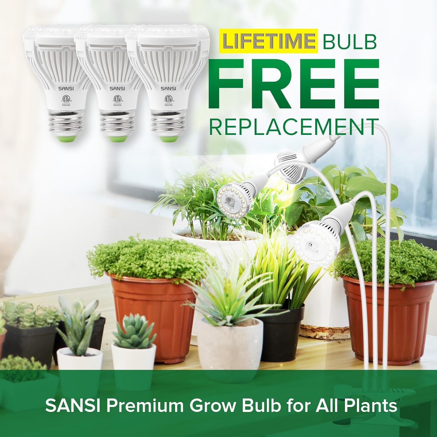 SANSI LED Grow Light, 450W Full Spectrum, Clip-on Gooseneck, Ceramic, 30W Power, White, Model C21GL-GE26-30