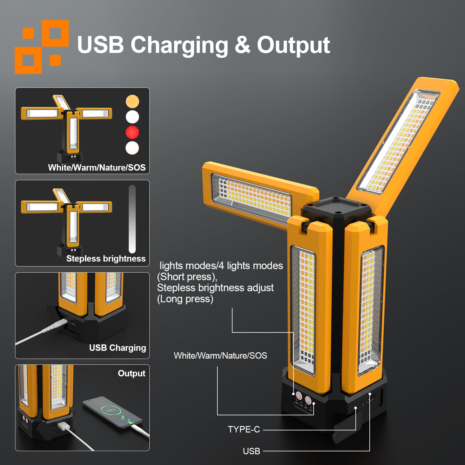 13200Mah Rechargeable Solar Work Light Ip64 Waterproof With Folding Stand And Carrying Bag, Aodoo 8000 Lumen Stepless Dimmable , White/Warm/Nature White/Red(Sos) With Detachable Tripod