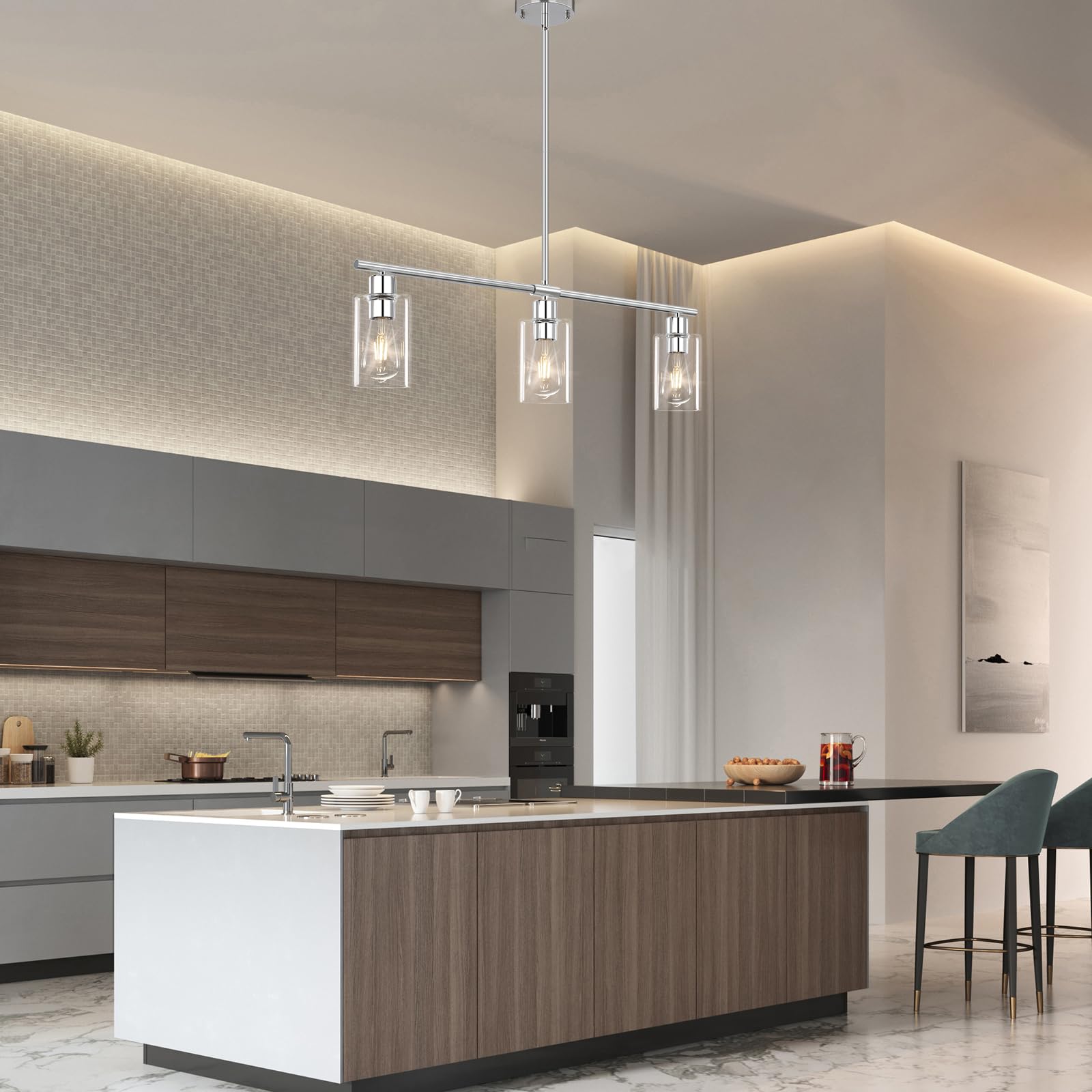 Yarlkav Kitchen Island Lighting, 3 Lights Linear Chandeliers Rectangle Pendant Light Fixtures For Dining Room Farmhouse Hanging Light With Glass Shades(Chrome)