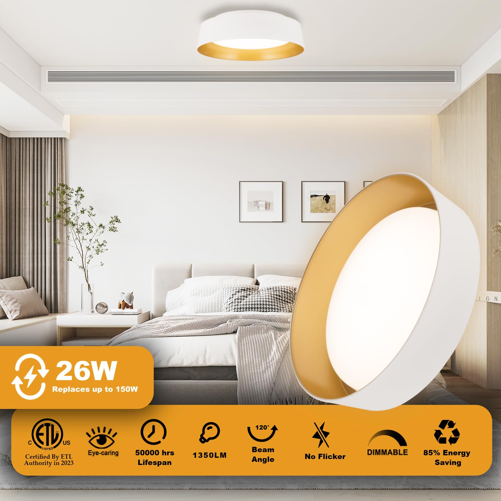 Flynix 12.5 Inch Led Flush Mount Ceiling Light Fixture, 26W, Super Bright 1350 Lumen, 3 Color 3000K/4000K/5000K, Matt White With Gold Inside, Dimmable Ceiling Lamp For Bedroom Hallway Bathroom Outdoor