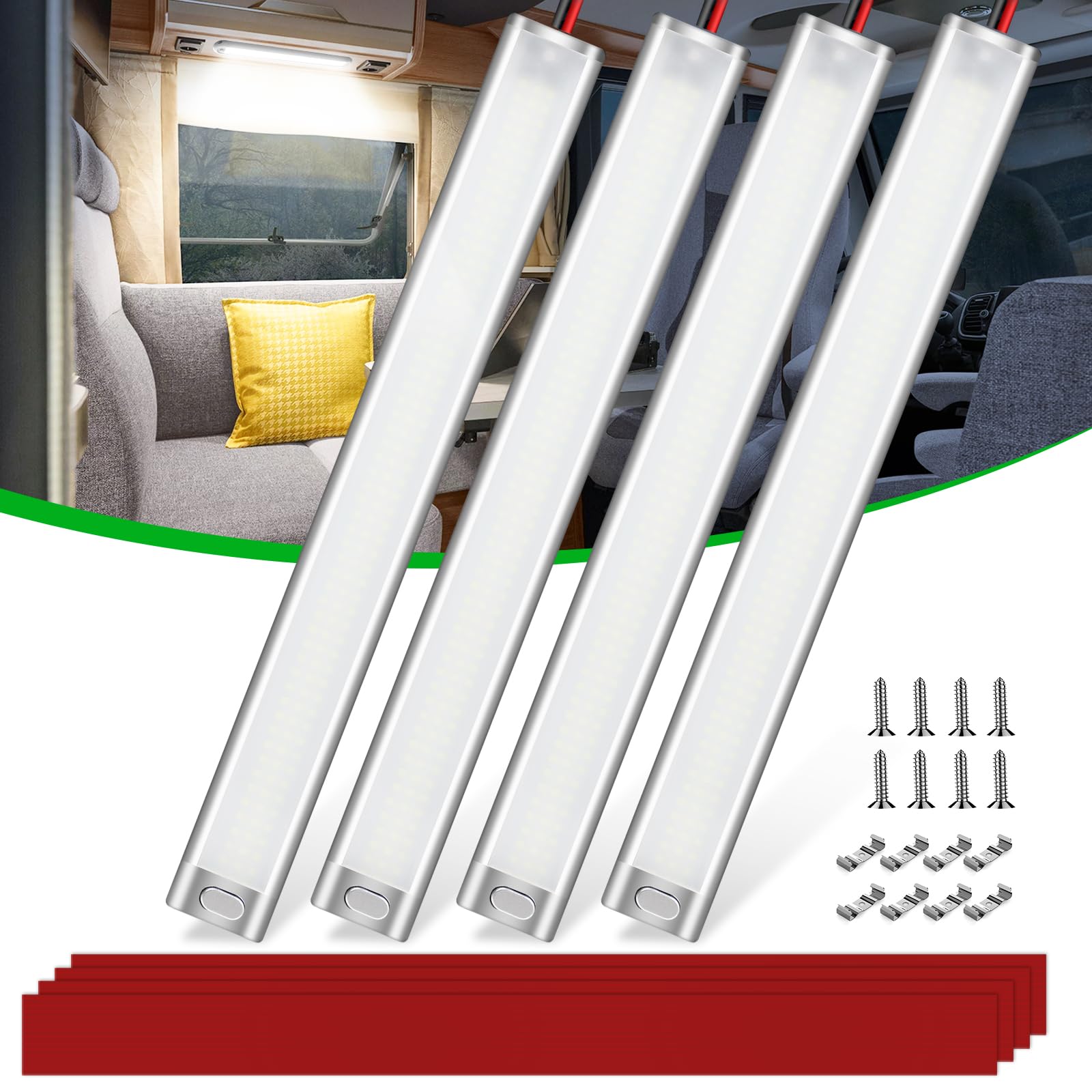 CT CAPETRONIX 12V LED Interior Light Bar, 15.4in, 168 LEDs, 1700LM, Stainless Steel, Silver Finish, 4Pcs