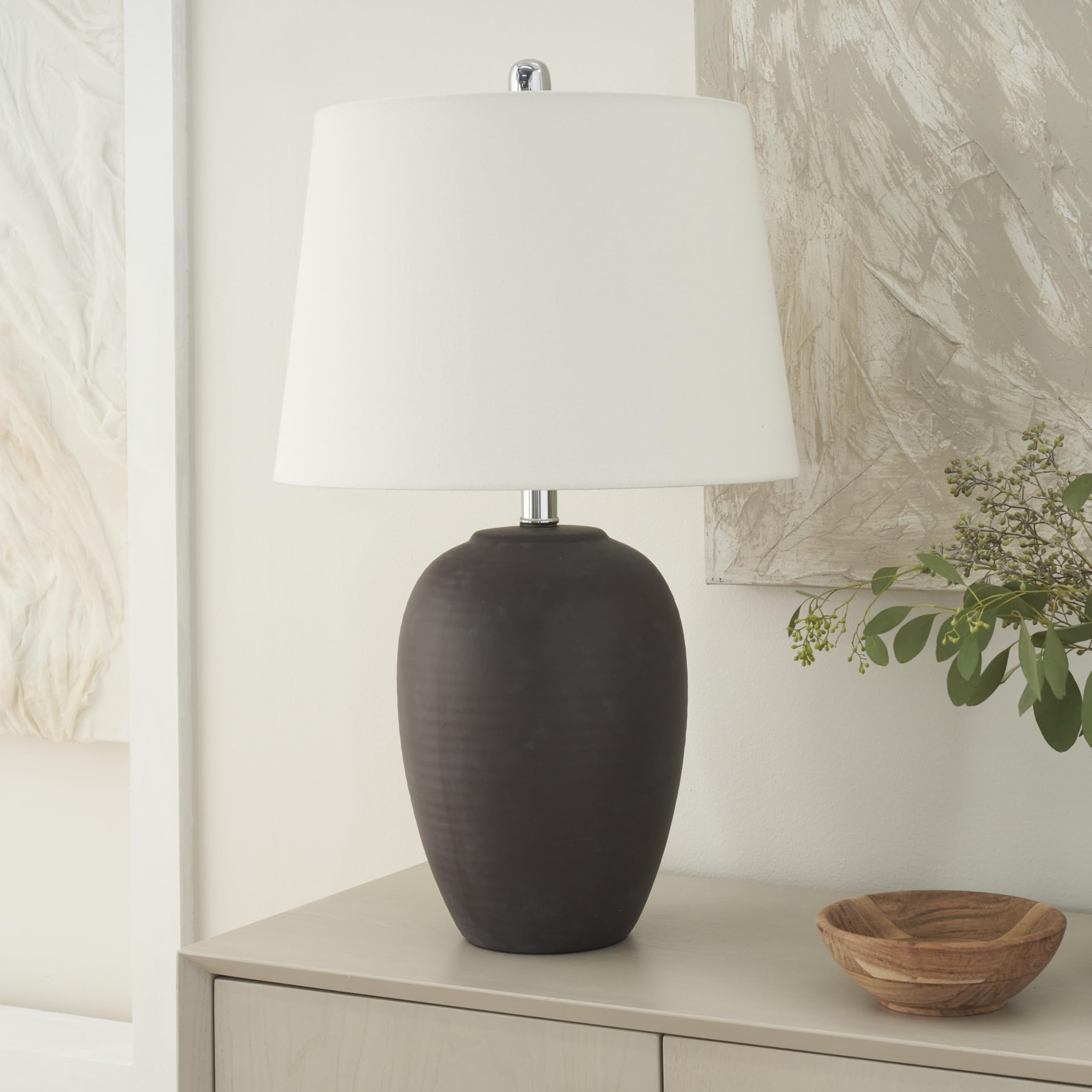 Nourison 23'' Eggplant Purple Ceramic Pot Table Lamp for Bedroom, Living Room, Dining Office, with White Tapered Drum Shade