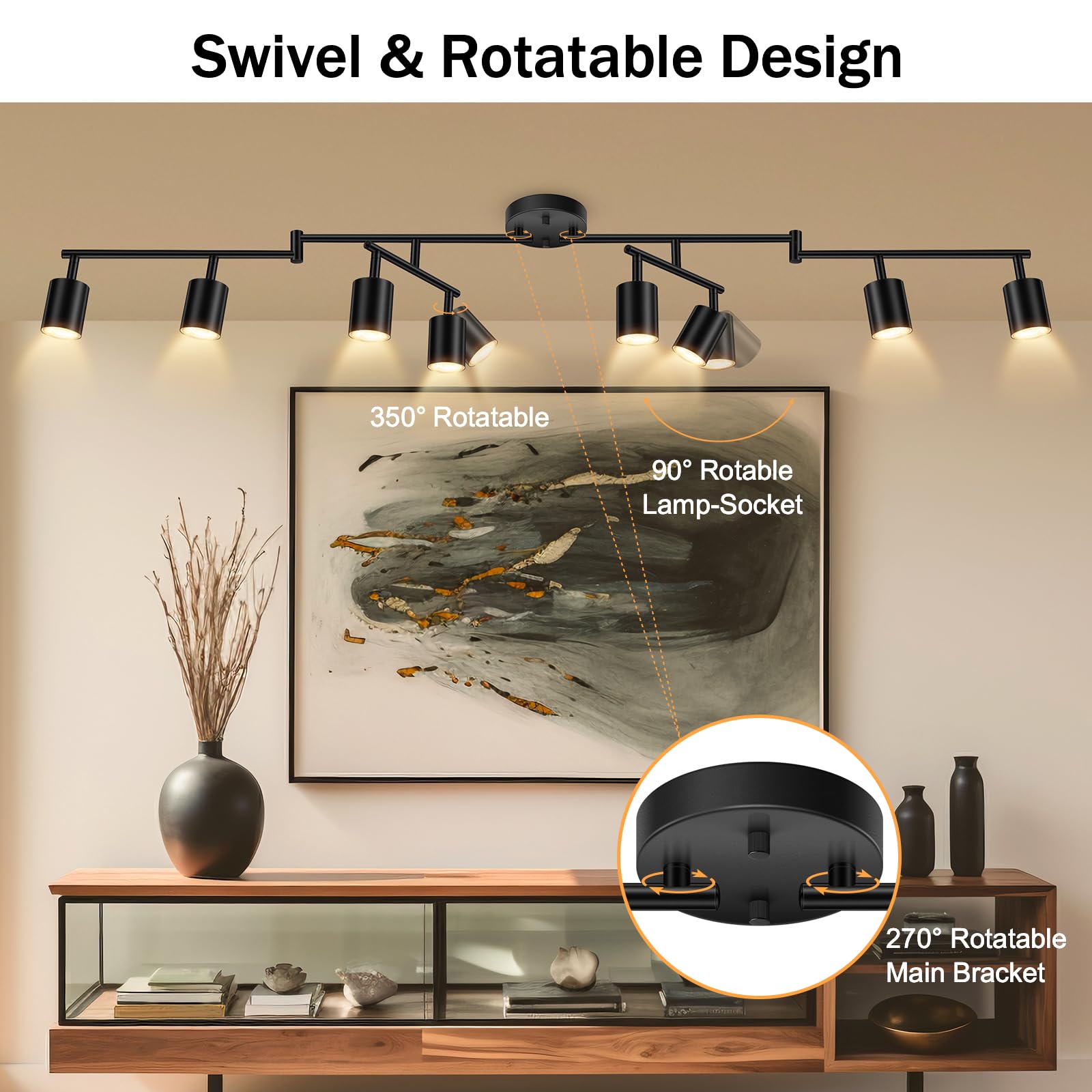 Boostarea Led 8 Light Track Lighting Kit, Black 8 Way Ceiling Spot Lighting, Flexibly Rotatable Light Head For Kitchen, Living R