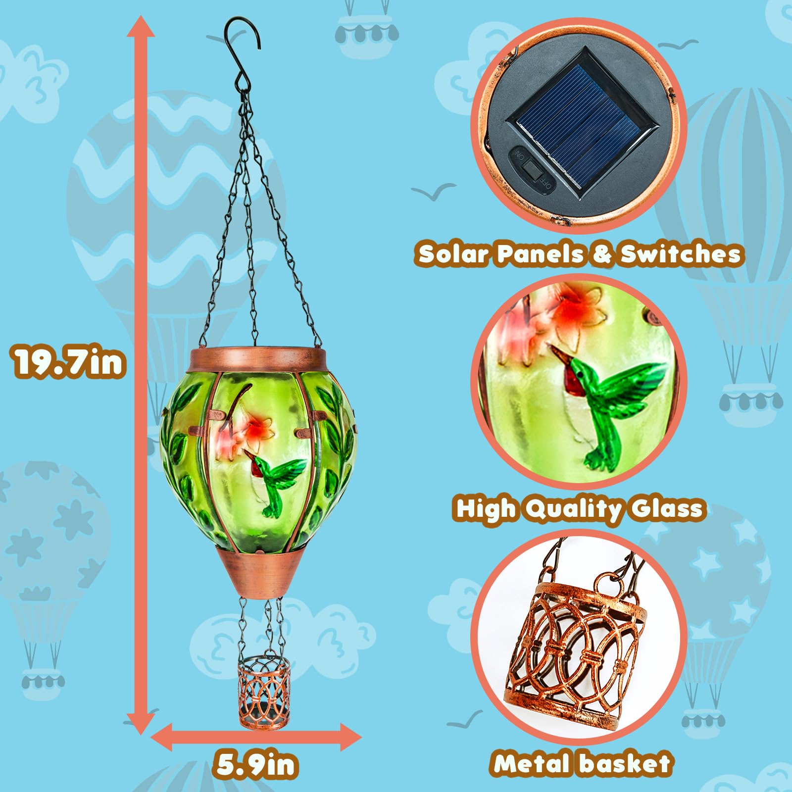 2 Pack Solar Hot Air Balloon Lantern With Flame,Hummingbird Outdoor Solar Lanterns For Outside Garden Yard Farmhouse Patio Pathw