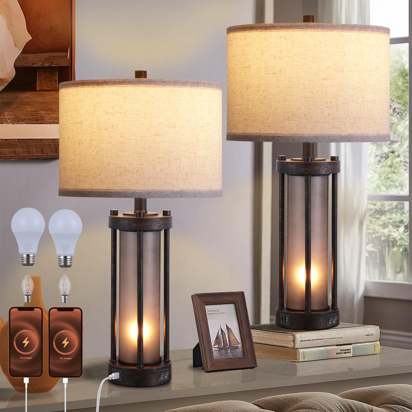 Farmhouse Table Lamps Set Of 2, Table Lamp For Living Room With 2 Usb  Ports, Vintage Rustic Nightstand Lamps With Amber Glass Nightlight, Retro  Desk 