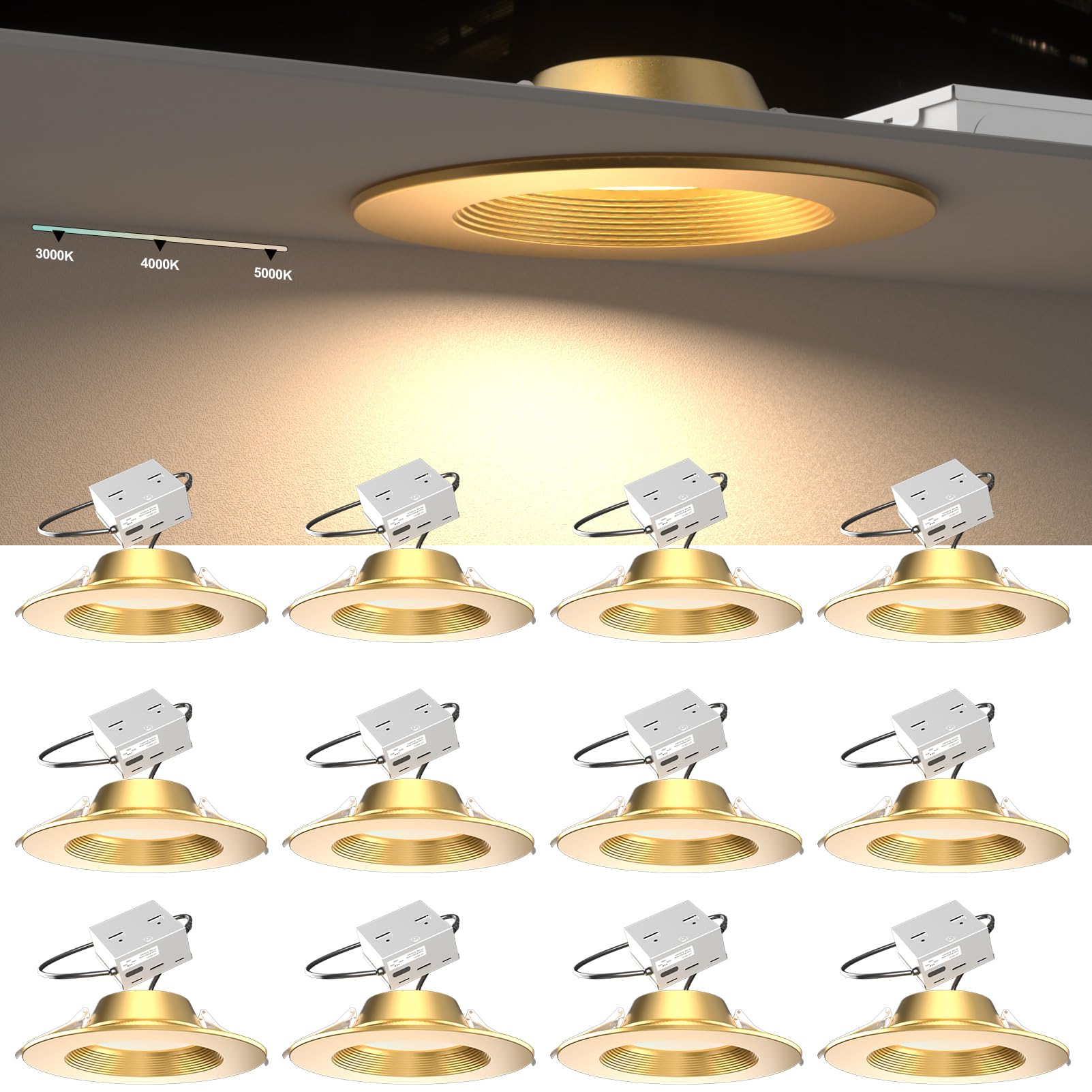 Lightdot 12W Dimmable LED Downlight, 3CCT Selectable, Gold, 12 Pack, Aluminum, Model LRC-03G, 6 Inch Recessed Lighting