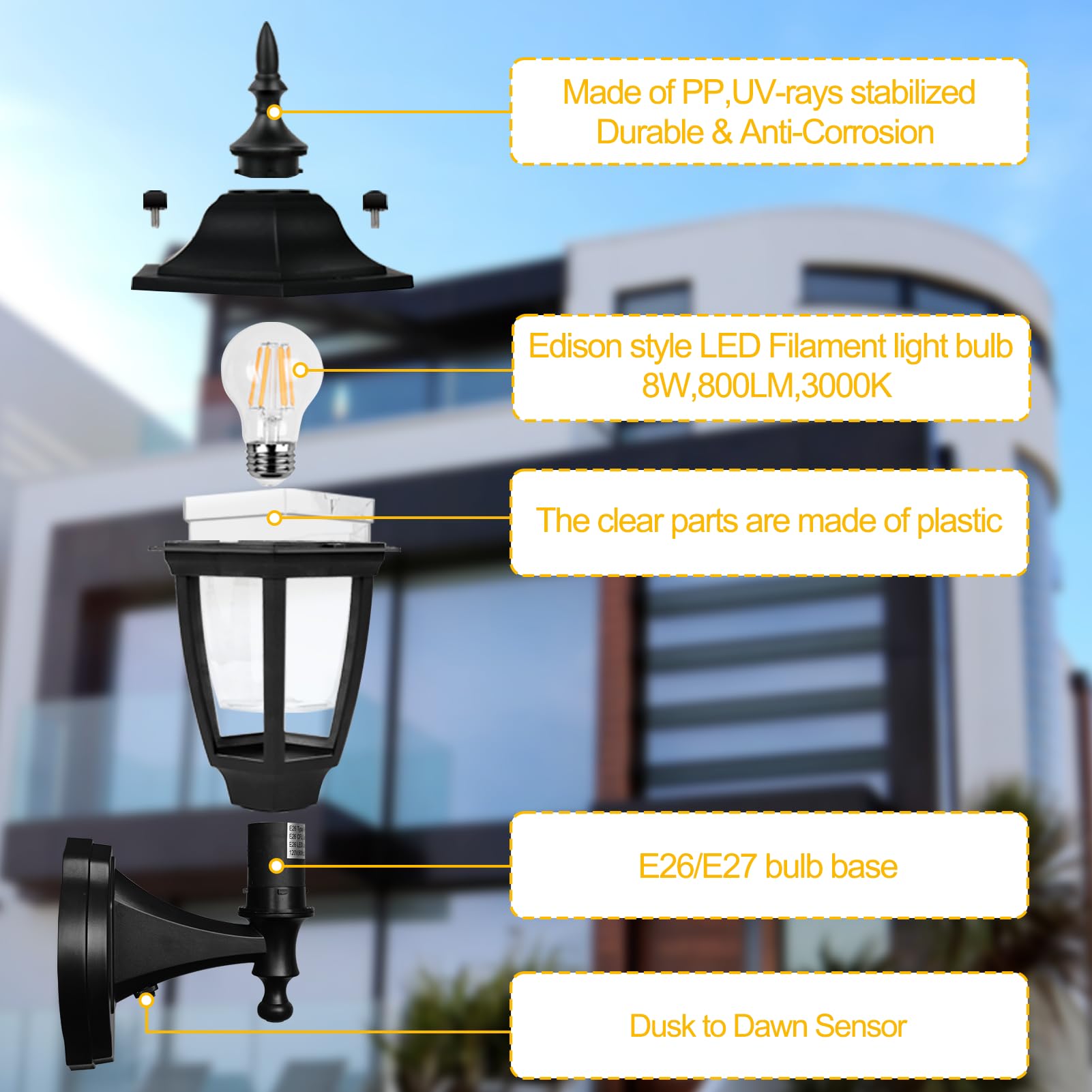 FUDESY Outdoor Wall Light - Dusk to Dawn Sensor, Black Plastic, LED Edison Bulb, 2-Pack, Model FDS2542PS-B2