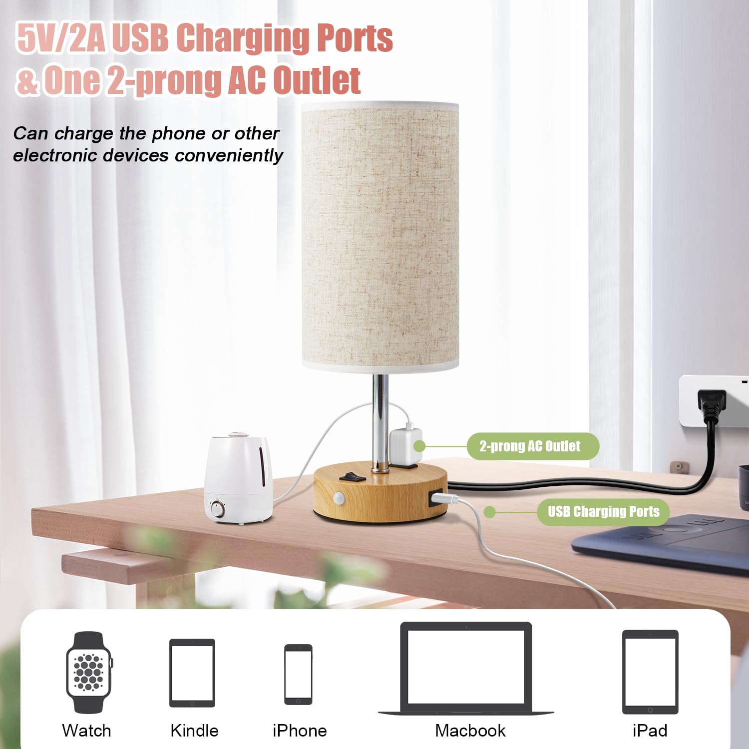 lifeholder Motion Sensor USB Lamp with LED Bulb, Fabric Shade, 1 USB & 1 Type C Port, Beige, Model LH-T39-MWYM