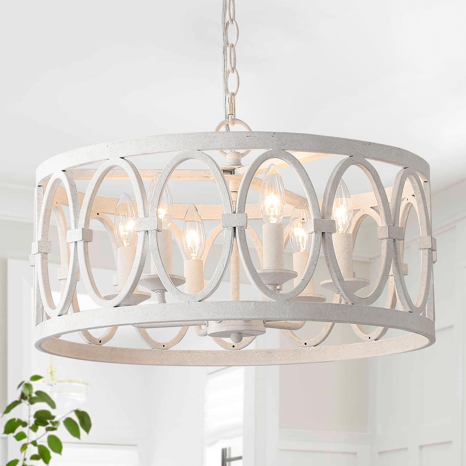 OSAIRUOS Farmhouse Antique Chandelier for Dining Room Kitchen Island 6-Light Drum Pendant Chandeliers Distressed White Metal Rou