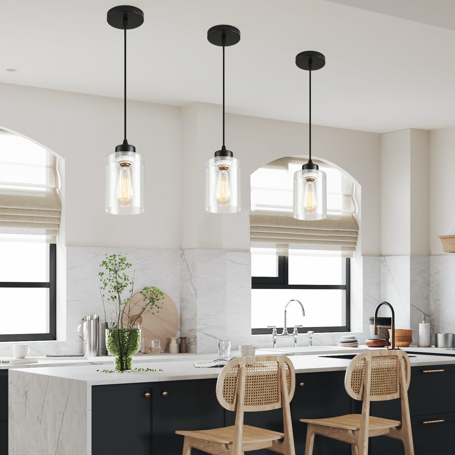 CAFULAM Modern Pendant Light - Adjustable Glass Shade, 2 Pack, Industrial Style, Black Farmhouse Design, Model 22