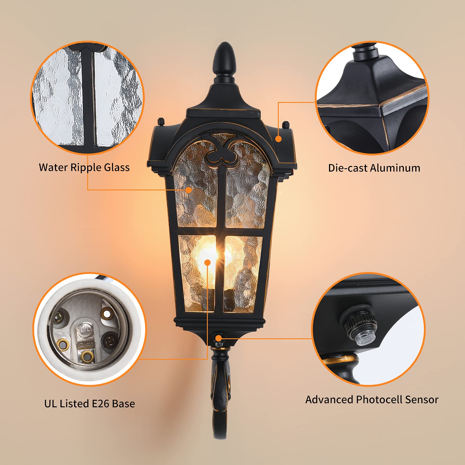 Lonedruid Dusk To Dawn Outdoor Wall Light, Black Roman 17.71&quot; Waterproof Sconce, Etl Listed
