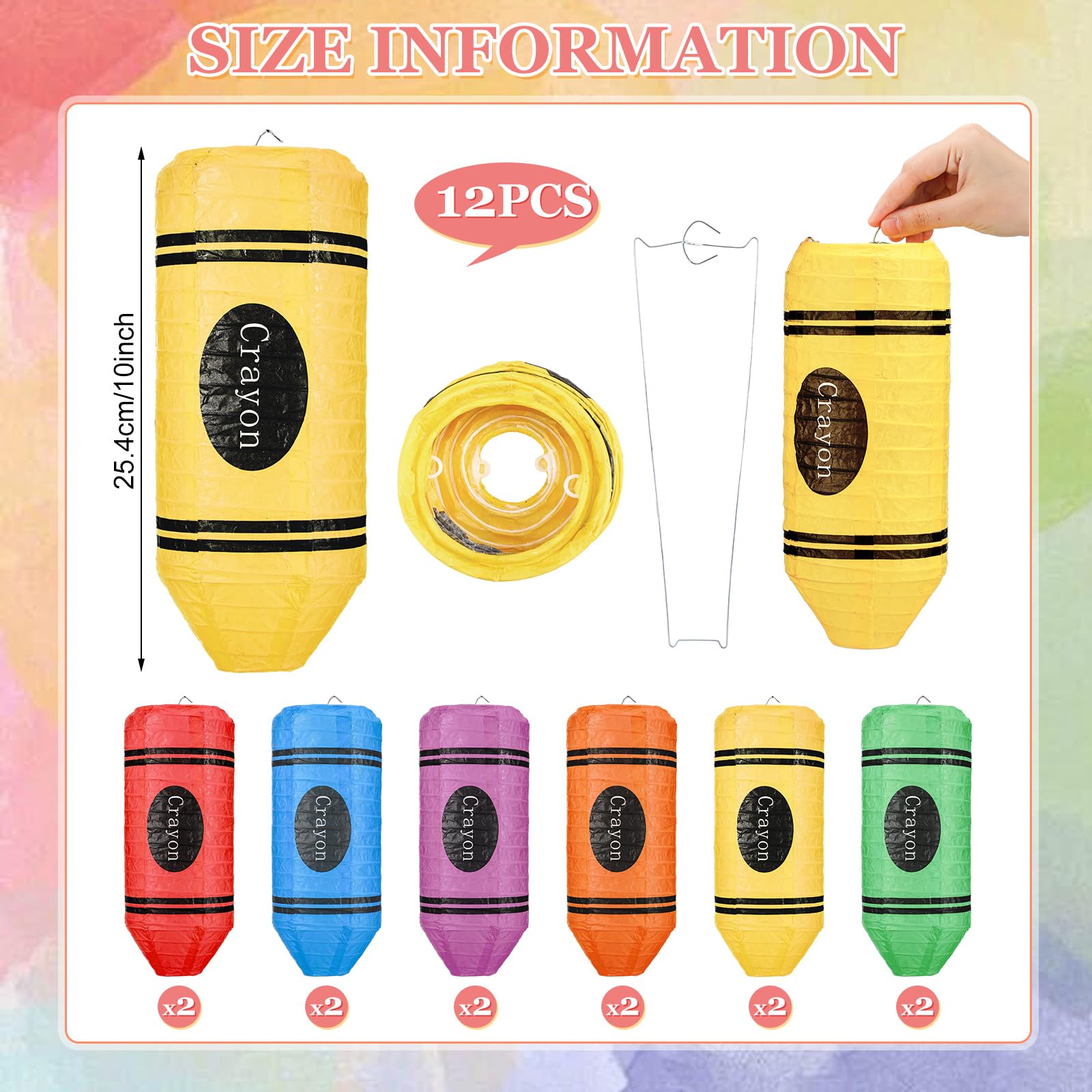 Retisee 12 Pcs Crayon Hanging Paper Lanterns Party Decorations, Colorful Preschool Kindergarten Graduation Classroom Ceiling Dec