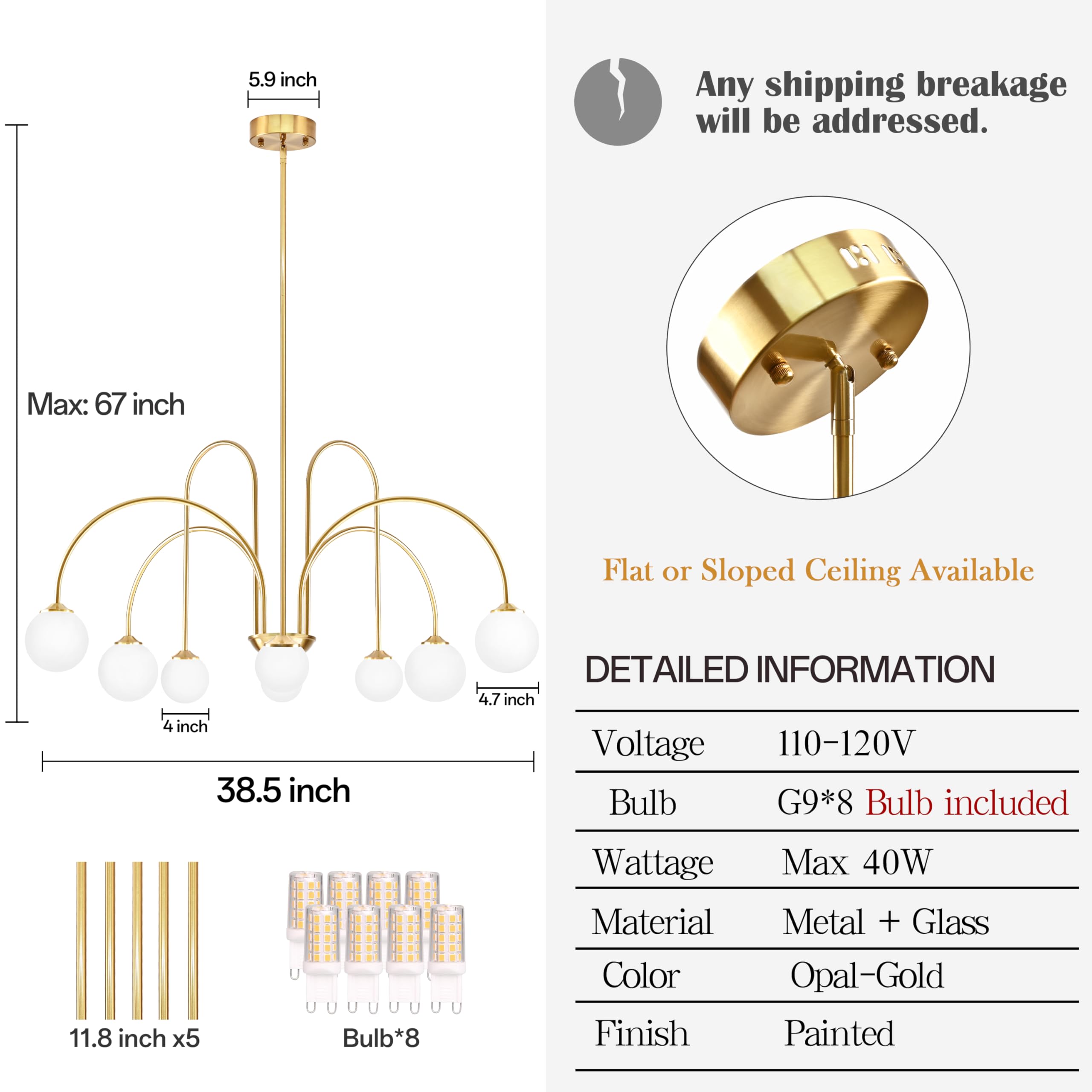 Bagood Gold Sputnik Chandelier 8-Light Globe Pendant Light 38.5    Modern Sputnik Light Fixture Dimmable Chandelier With White G