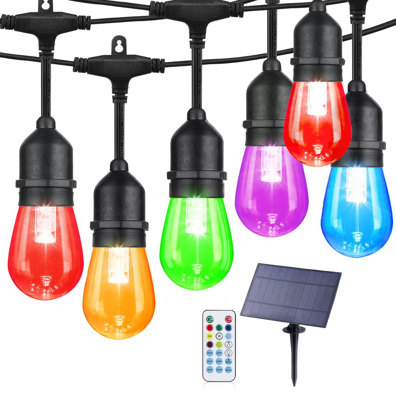 IPStank Solar Outdoor String Lights, 96FT, 30 Dimmable RGB Edison Bulbs, Waterproof, Multicolor, Model YGM-S14-15S