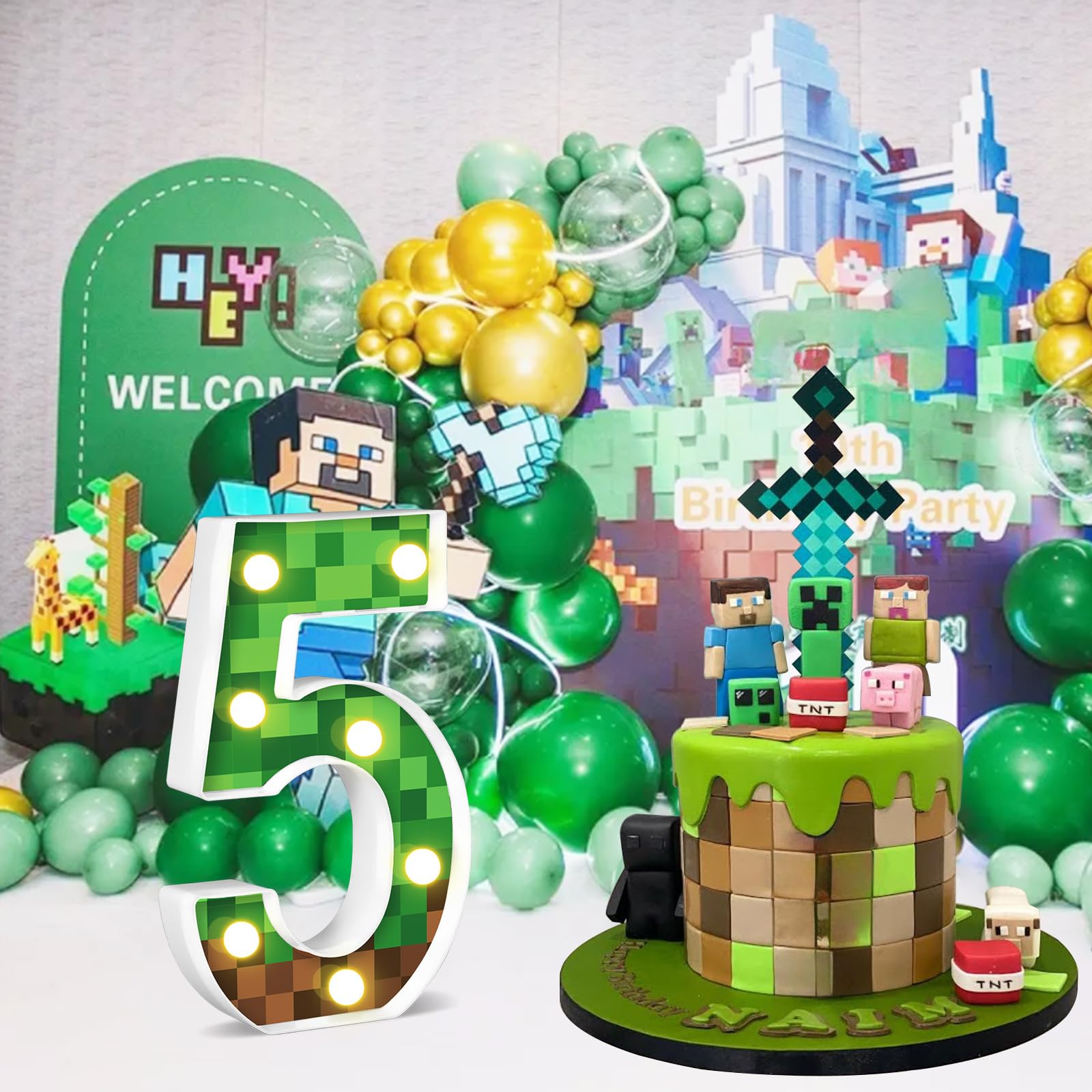 AXBMM 8.5in Pixel Game Light Up Sign, Number 5, Green/Brown, LED, PP Plastic, Birthday Decorations, Game Theme Party Supplies
