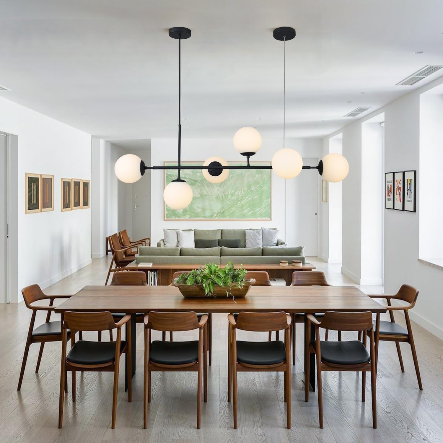 Kco Lighting Mid Century Modern Chandelier Black Linear Sputnik Pendant Light Contemporary 6-Light Glass Globe Chandelier Adjust