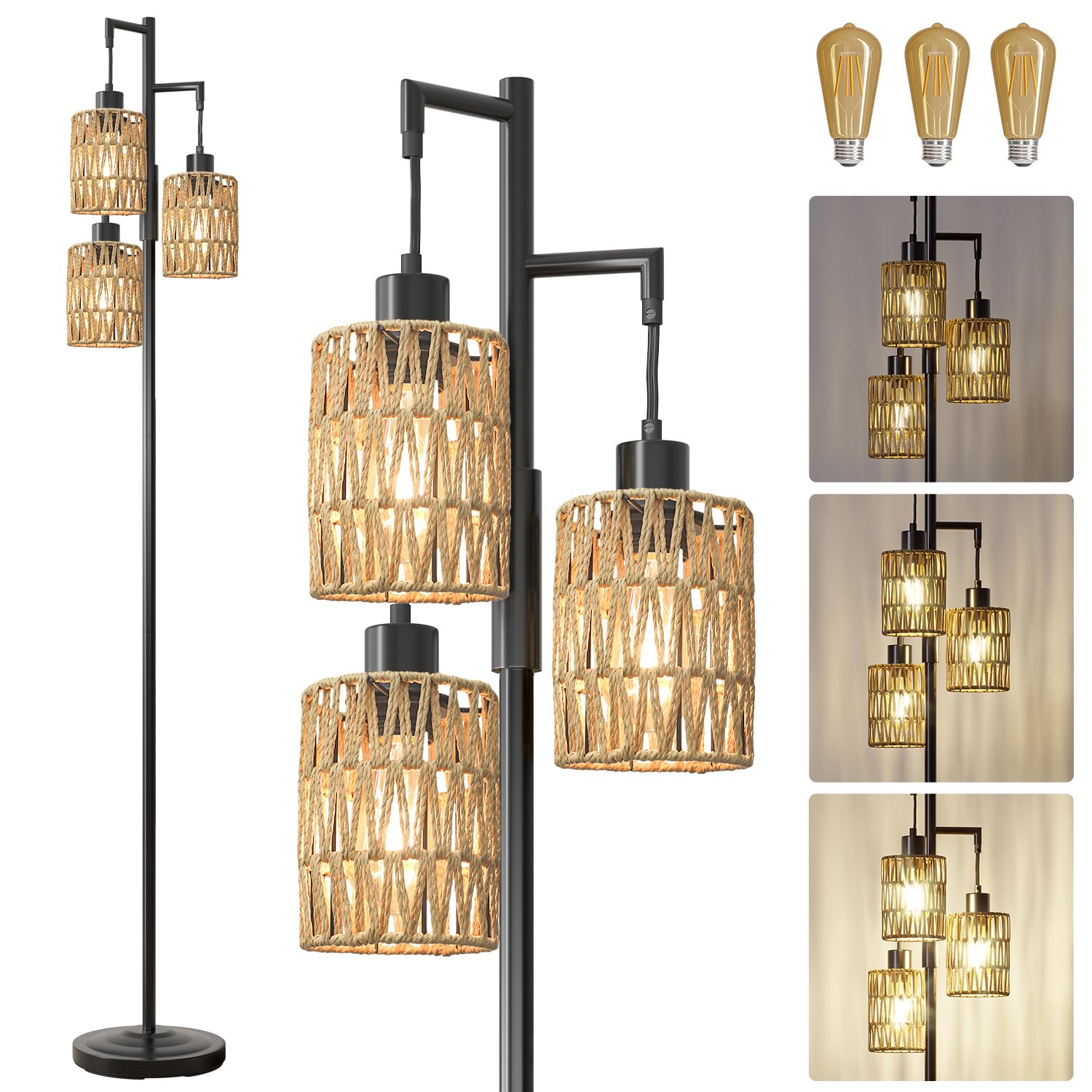 Oneach Floor Lamp, Stepless Dimmable, 68in, Metal, Black-Rattan, Model AMZ-F1175BK-3-NEW