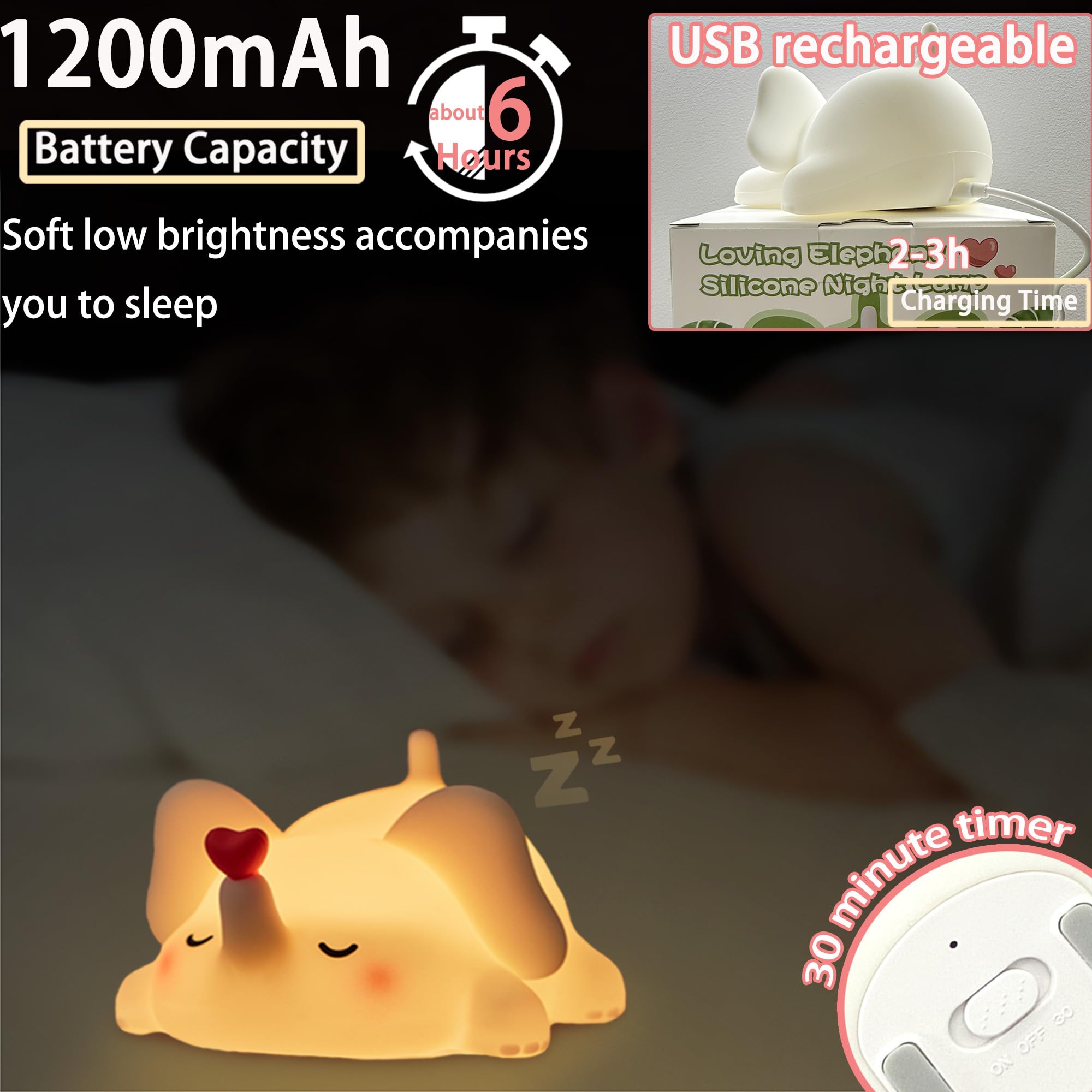mydtiz Silicone Elephant Night Light for Kids Room Dimmable Rechargeable Nursery Animal Nightlight Gifts for Women Girls Boys Ro
