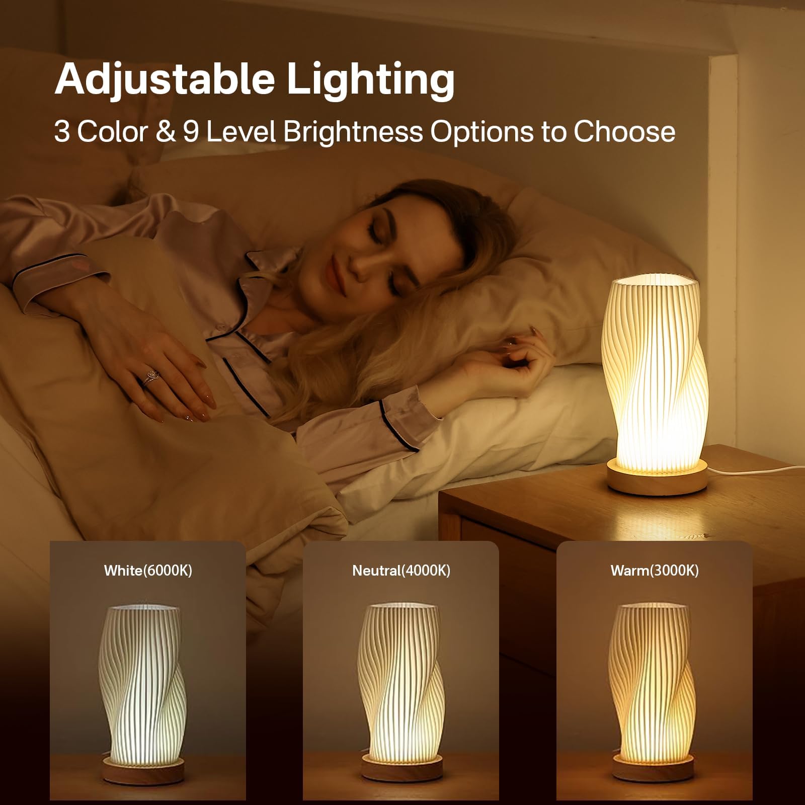 Dawnwake Bedside Lamp With Woodbase - Button Control Table Lamp For Bedroom 12 Way Dimmable Nightstand Lamp With Pla Lampshade F
