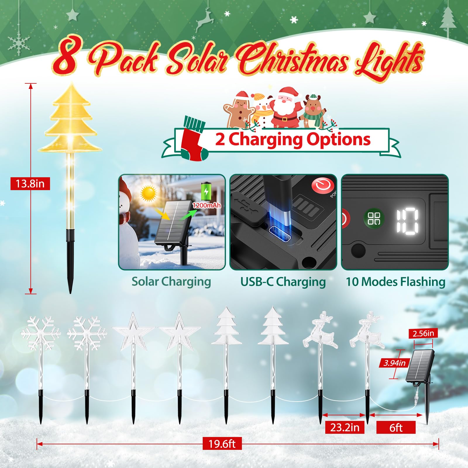 8 Pack Christmas Decorations Outdoor For Yard, 2 Charging Ways Large 1200Mah Solar Christmas Pathway Lights, 32 Led Christmas Li