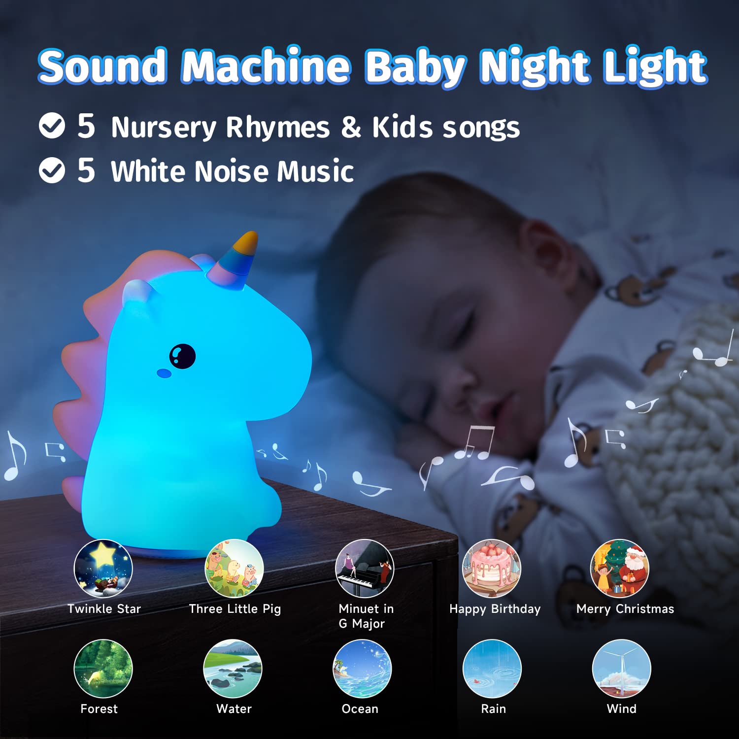 One Fire Unicorn Night Light - 16 Colors Silicone Lamp With Sound Machine, Rechargeable, Timer, Cute Design For Kids Bedroom