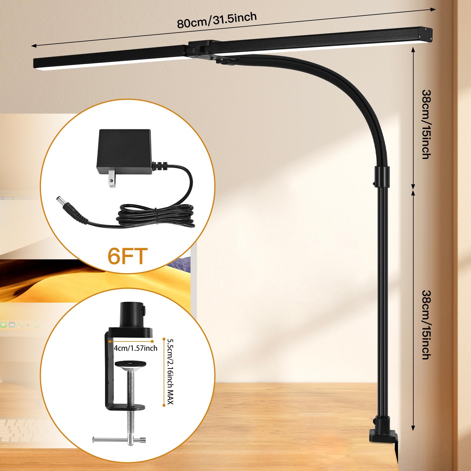 MACASA Double Head LED Desk Lamp 24W with Remote Control, Anti-Glare, Clamp Size, Black, Model S01-Black
