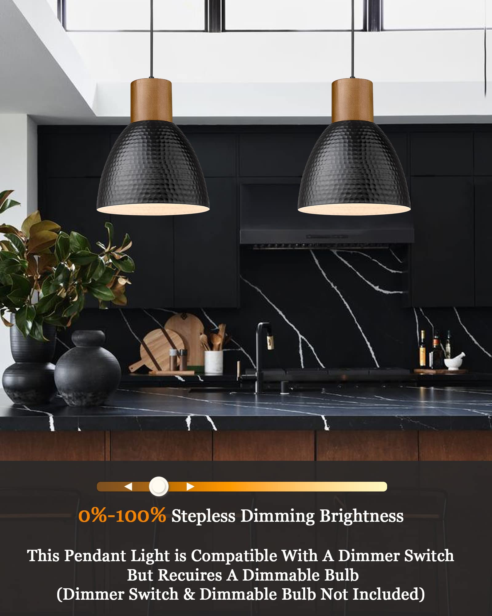 Elyona Hammered Pendant Light, 10.2” Industrial Hanging Lamp For Kitchen, Bar, Dining Room, Black