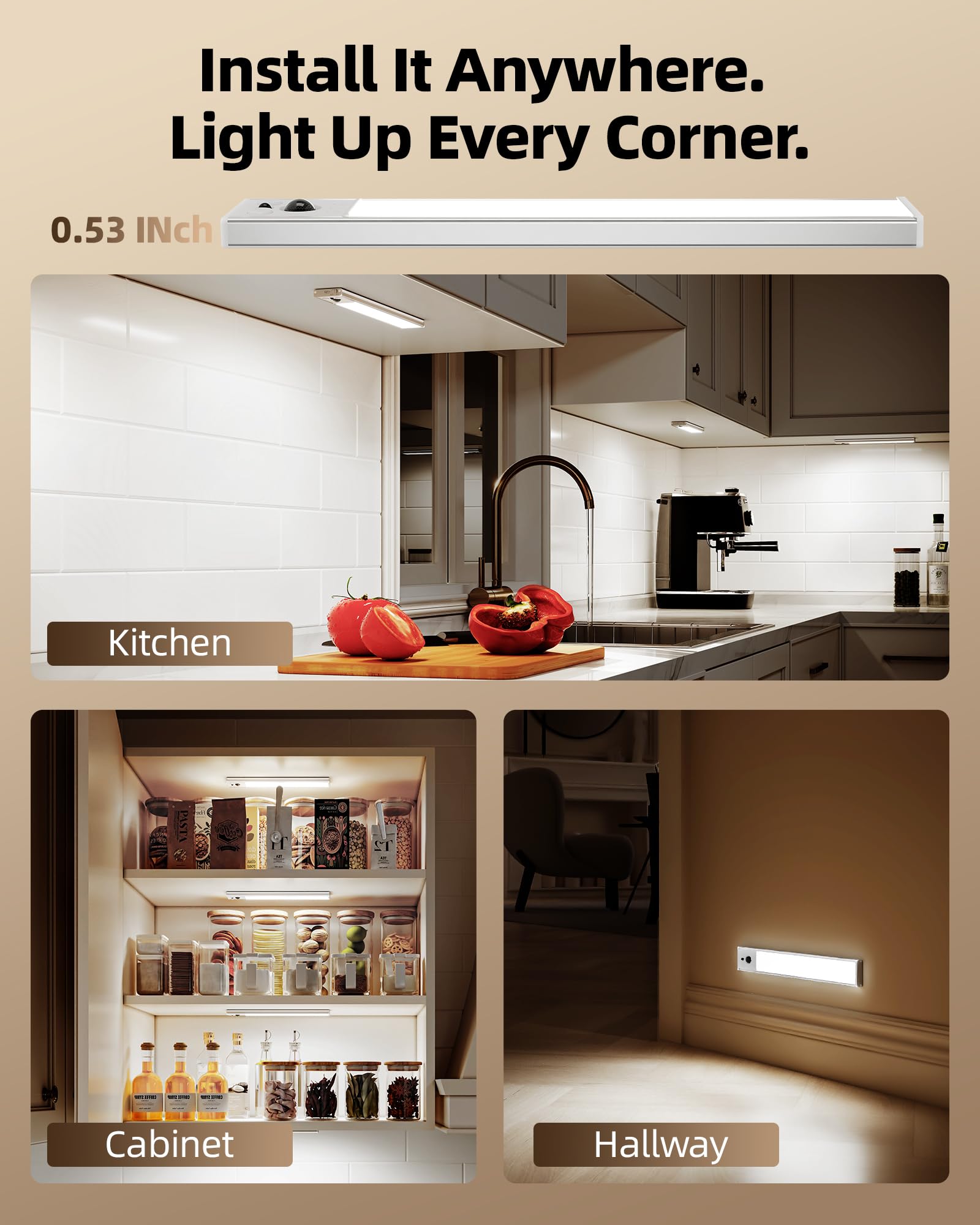 EZVALO Under Cabinet Lighting, 5 Pack Rechargeable Motion Sensor Lights, 10inch Dimmable, Wireless with Remote, Aluminum