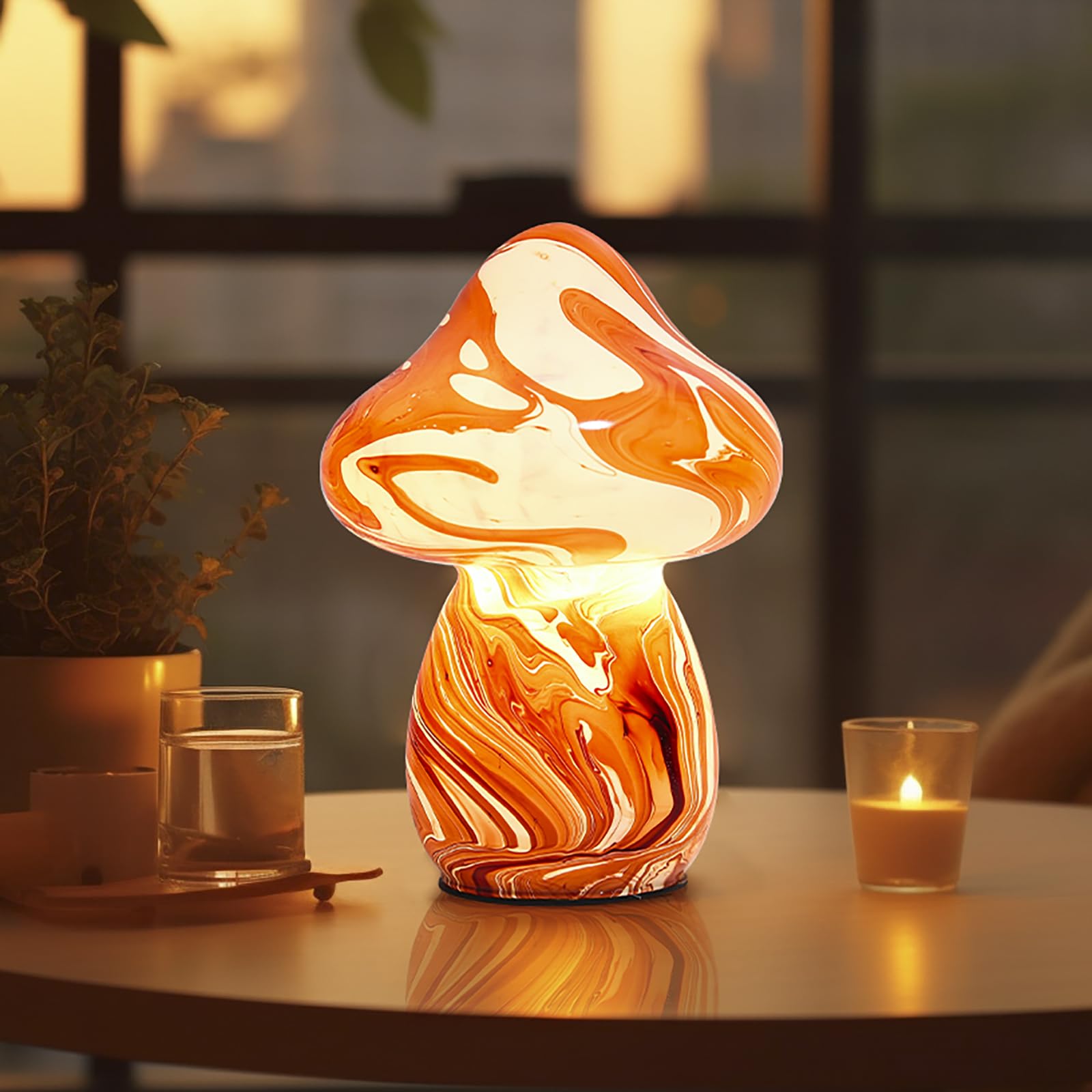 Jbgiyosg Glass Mushroom Table Lamps Night Lights Cordless Cute Small Nightstand Desk Lamp For Bedroom Living Home Decor Red (E27